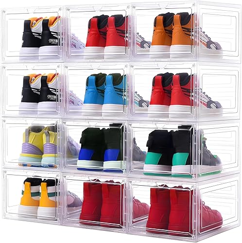 Cajas de almacenamiento grandes transparentes apilables para zapatos, paquete de 12 organizadores de almacenamiento de zapatos de plástico duro con