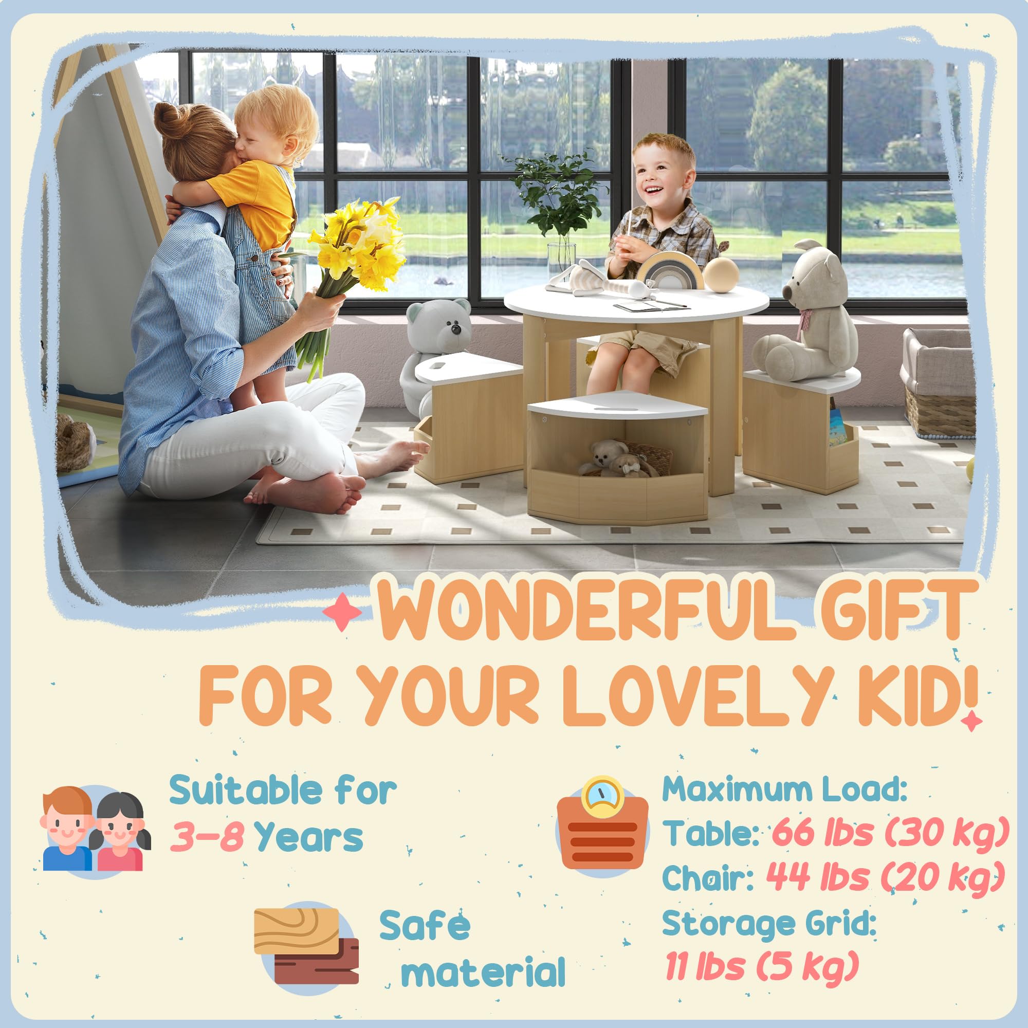 Juego de mesa y sillas para niños, juego de mesa y sillas para niños pequeños de 5 piezas con almacenamiento para arte, manualidades, dibujo, sala de juegos, aula, guardería, color blanco 6