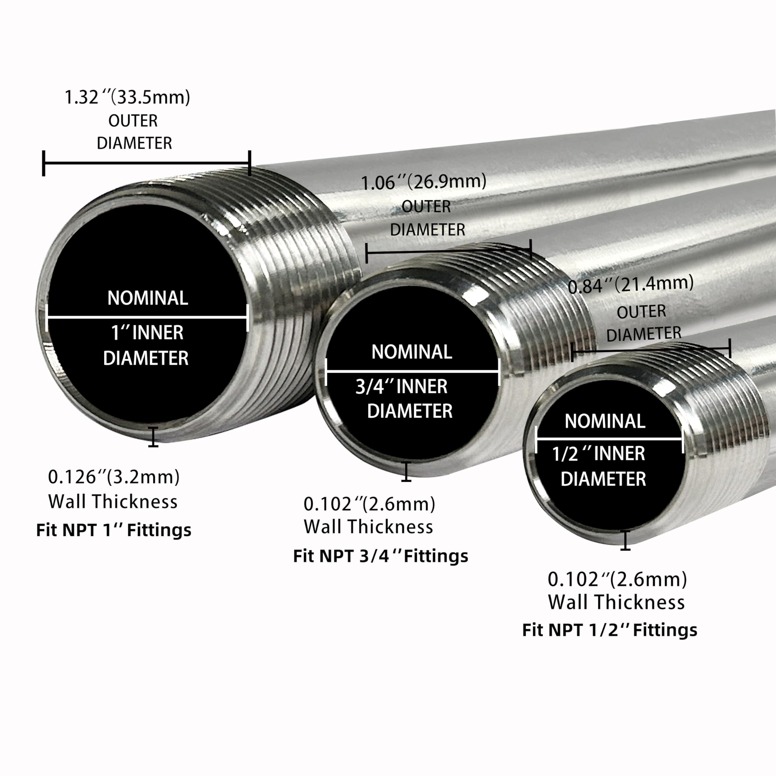 GeilSpace Tubo de acero inoxidable, boquilla de tubo 304 para tuberías y accesorios roscados estándar de 1/2 pulgada, tubo de metal industrial de bricolaje (2 piezas) (1/2 x 36 pulgadas)