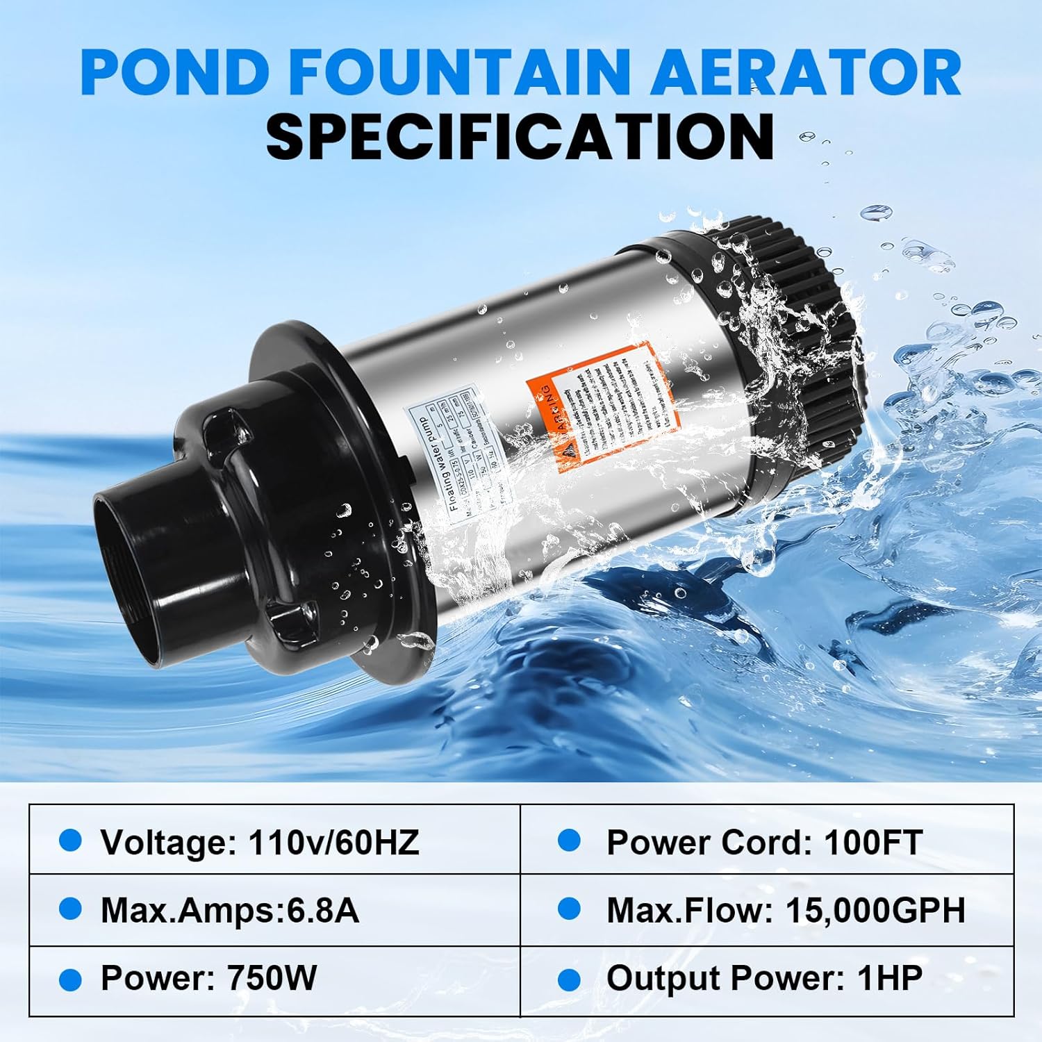 15000 GPH Pond Fountain Aerator-110V Fully Automatic 750W (1HP) Fountain and Pond Aerator. Pond Fountain with 100 ft Power Cord. (Stainless Steel)