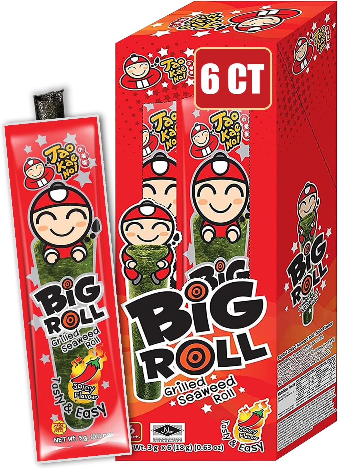 Tao Kae NOI Grilled Seaweed Big Roll Spicy Flavour, 6 x 3 g