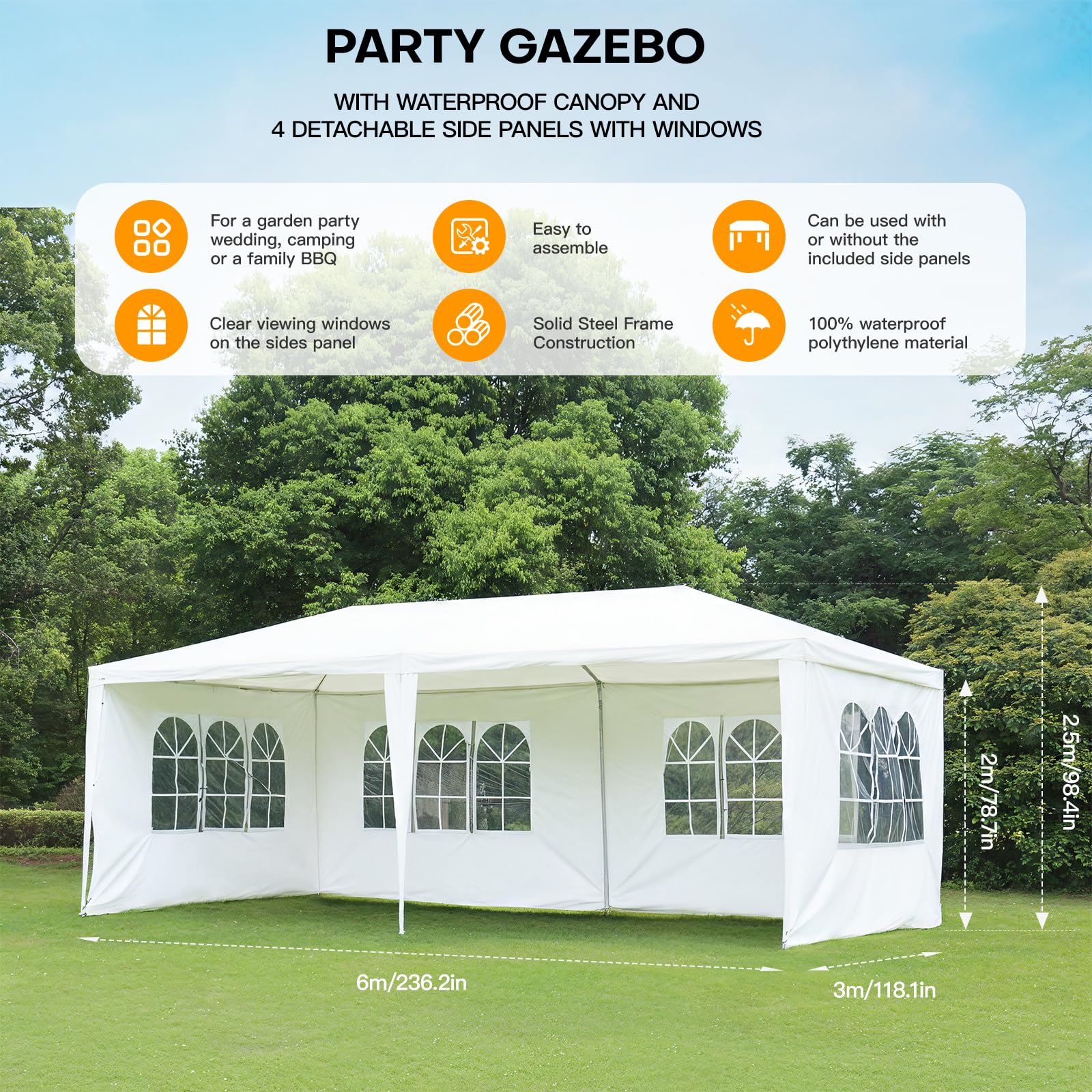 Gazebo Marquee 6x3M Canopy Party Tent with Sidewall And Windows, Outdoor Gazebo Marquee Garden Wedding Party Tent Waterproof Patio Canopy for Sun Rain Shelter (6X3m White(4 Side ）) — view 2