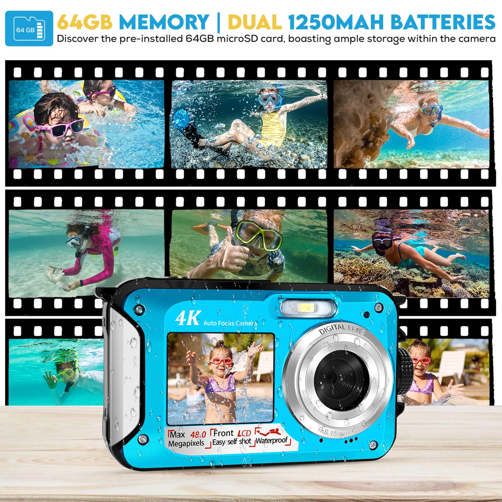 Cámara Acuática 4K 48 MP con Tarjeta de Memoria 64 GB, Enfoque Automático, Pantallas Duales Selfie HD, Sumergible 3 Metros para Bucear (2 Baterías)