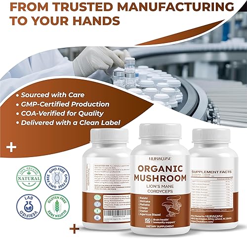 Miniatura 9 de Fórmula orgánica 10 en 1 de hongos, con melena de león, Cordyceps Reishi, Shiitake, Maitake, Chaga, sin OMG, sin gluten, sin soja (150 unidades