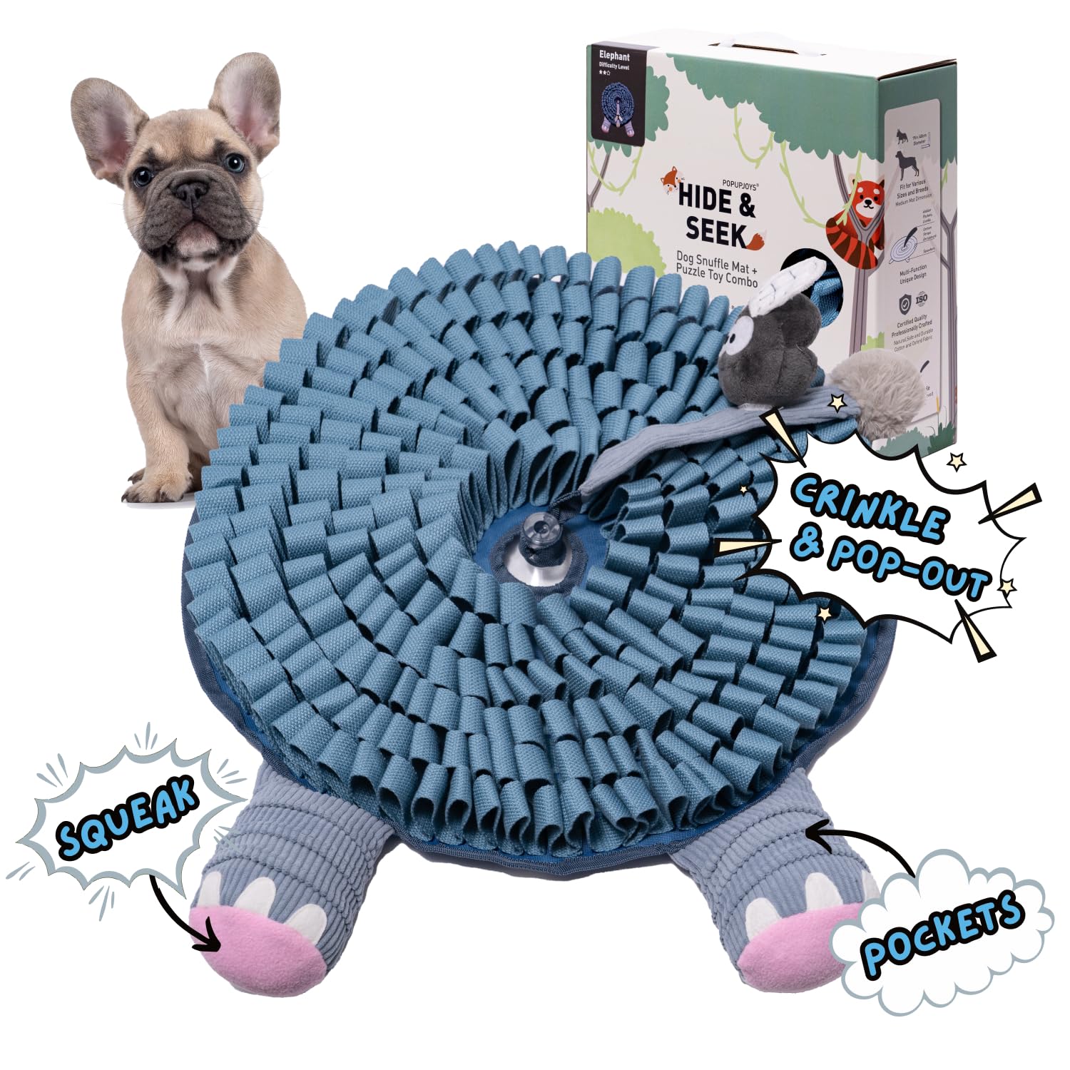 POPUPJOYS Durable Hide & Seek Snuffle Mat for Dogs, 2-in-1 Enrichment Puzzle Toy with Detachable Tail & Squeaker, Adjustable Difficulty Level with