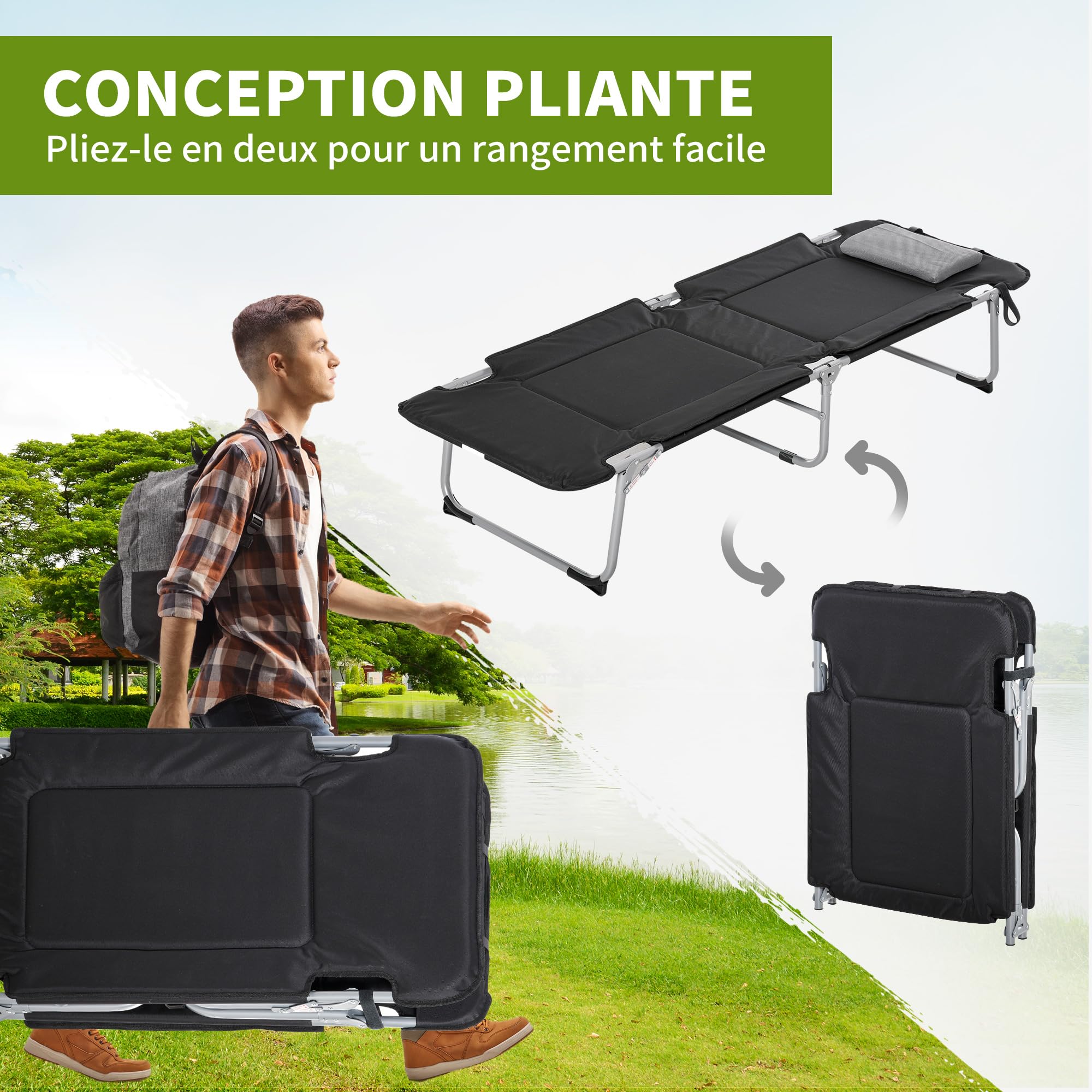 Outsunny Lit de Camping Pliable pour Adultes, lit de Camp Portable avec Rembourrage en Mousse et Oreiller Amovible, 183 x 66 x 33 cm, Noir