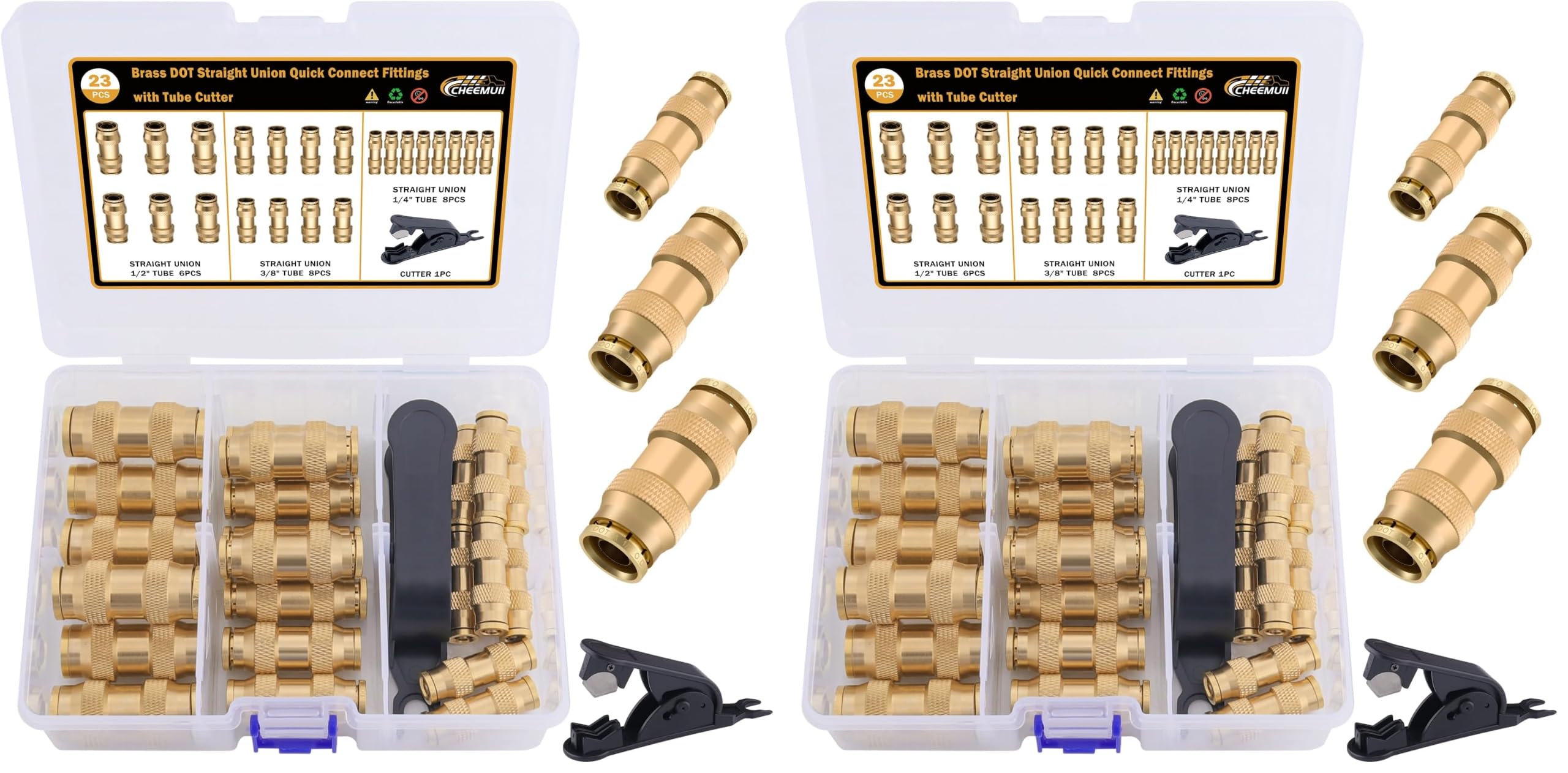 CheeMuii 23PCS Brass DOT Air Line Fittings Kit Push Lock DOT Straight Union (Pack of 2)