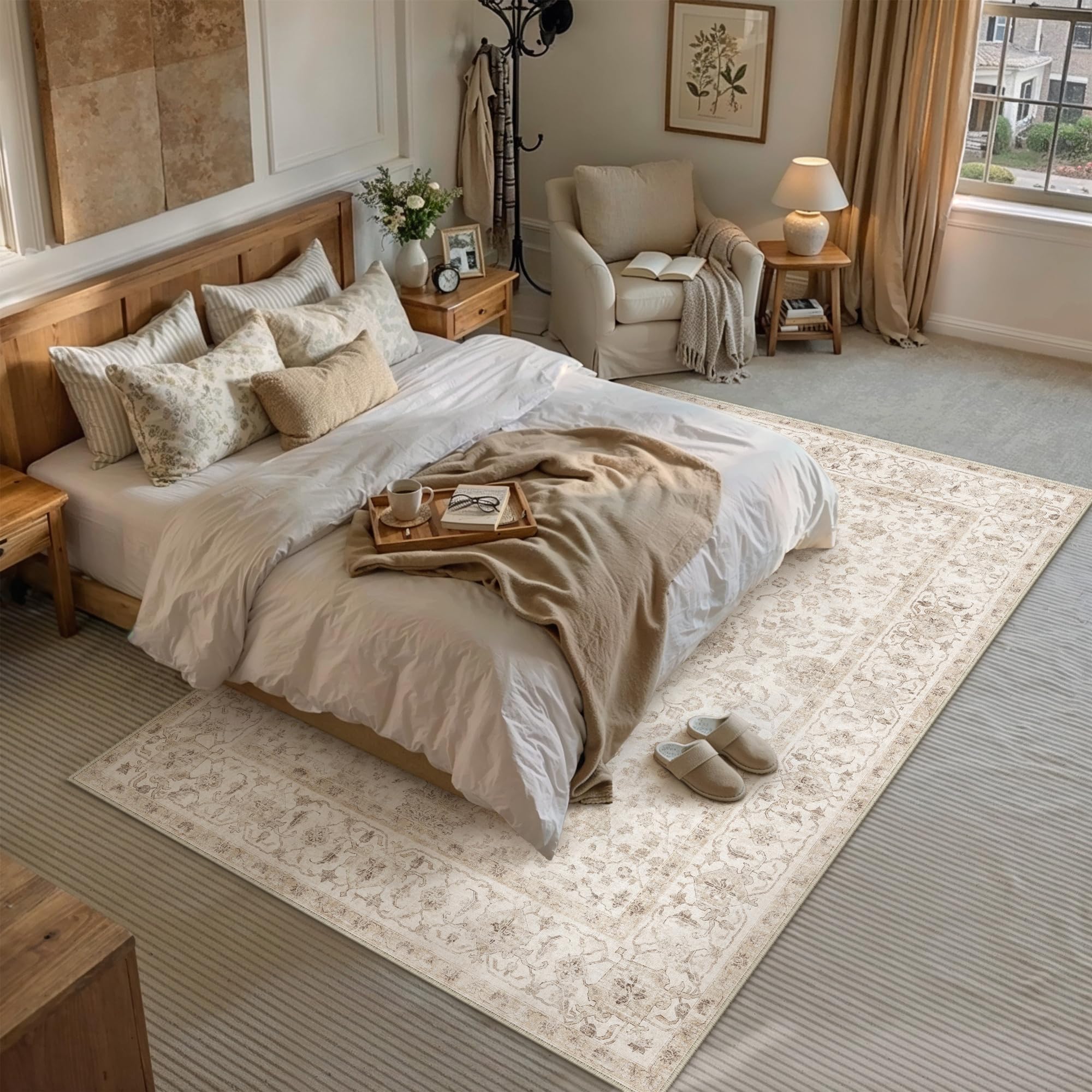 PureCozy Vintage Teppich Wohnzimmer 200x300cm Beige Waschbar Rug | Groß Teppiche,Waschbarer,Rutschfest,Weich Kurzflor,für Wohnzimmer,Schlafzimmer,Esszimmer,Büro