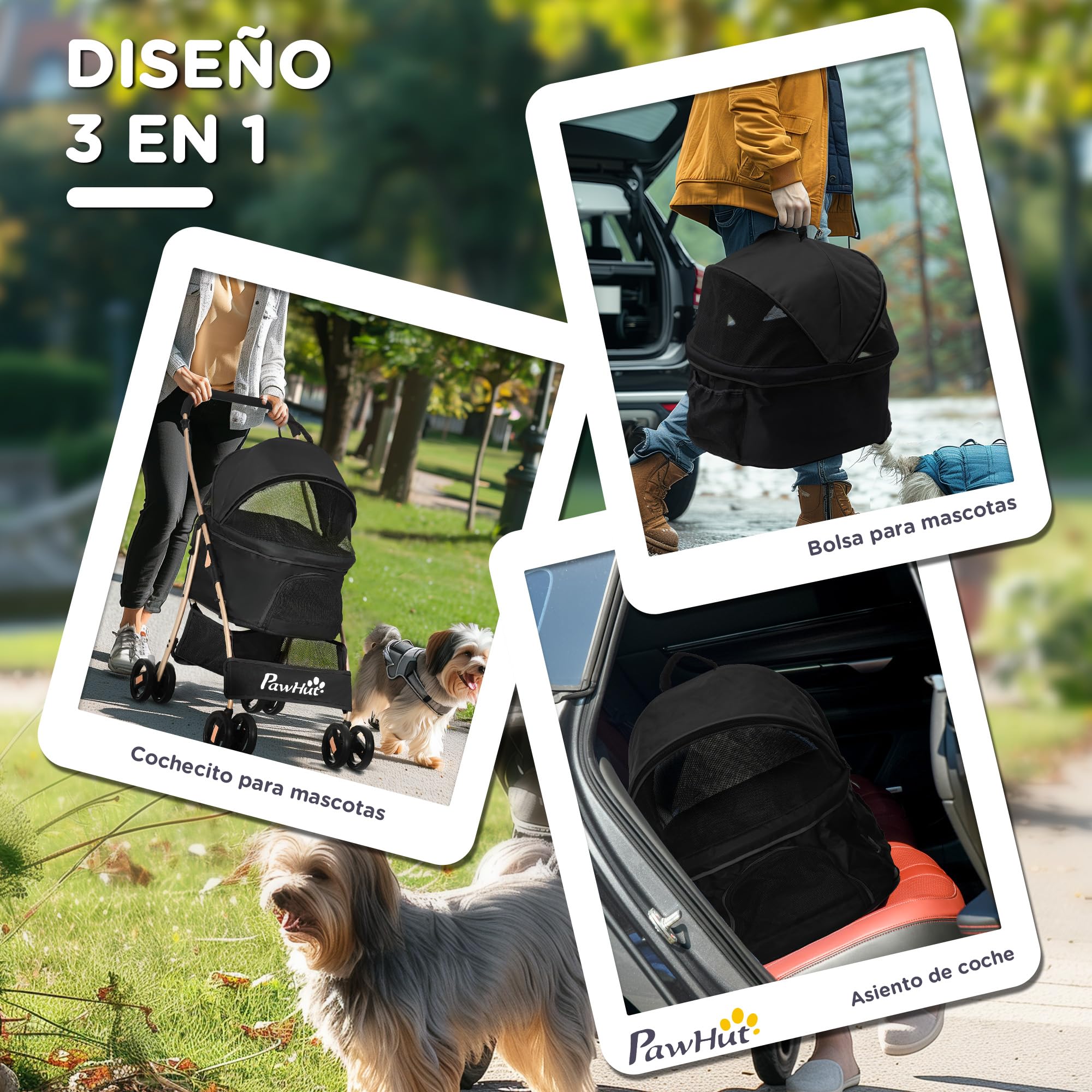 PawHut Carrito para Perros Plegable 3 en 1 Cochecito para Mascotas Carrito para Perros Pequeños con Vagón Desmontable Cesta de Almacenaje Correas de Seguridad y Cojín Carga 15 kg Negro