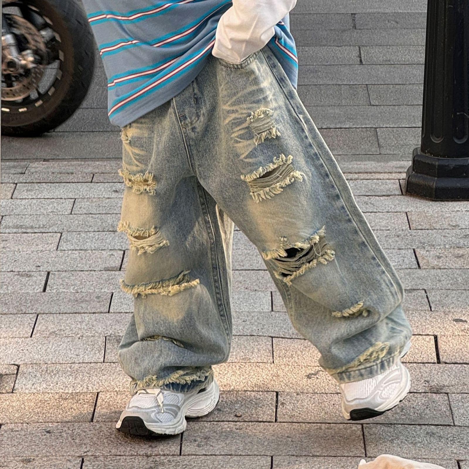 Generico Jeans Baggy Ragazzo-Jeans per Bambini, Pantaloni in Denim Strappati, Stile Casual, da Strada, Stile, con Dettagli Strappati, Comodi Pantaloni Lunghi Elasticizzati per l'uso Quotidiano