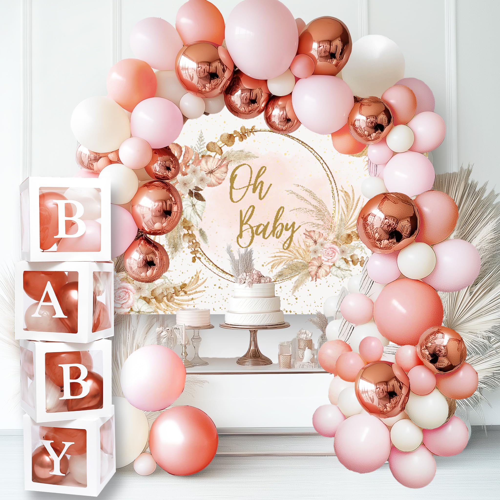 Vidal Crafts 136 PCs Boho Pink Baby Shower Decorations for Girl - Girl Baby Shower Decorations Set with Oh Baby Sign for Backdrop, Balloon Garland &