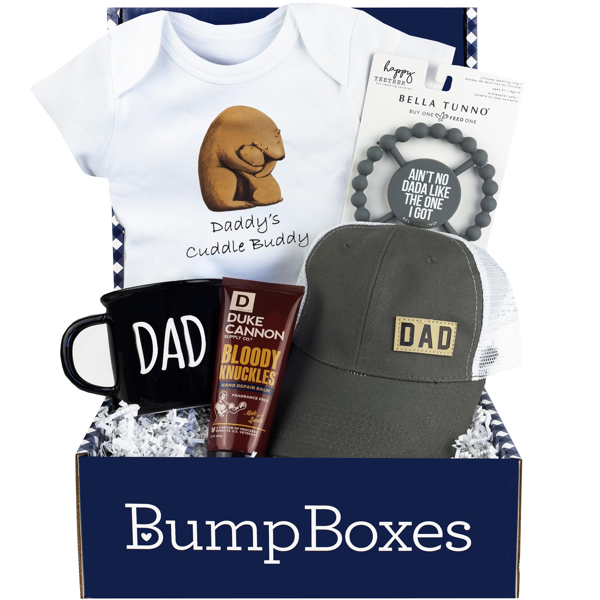 Bump Boxes, First Time Father’s Day Box with Mug, Hat, Teether, Onesie and Balm, Unique Kit for Expecting Fathers, New Dad Gifts for Men
