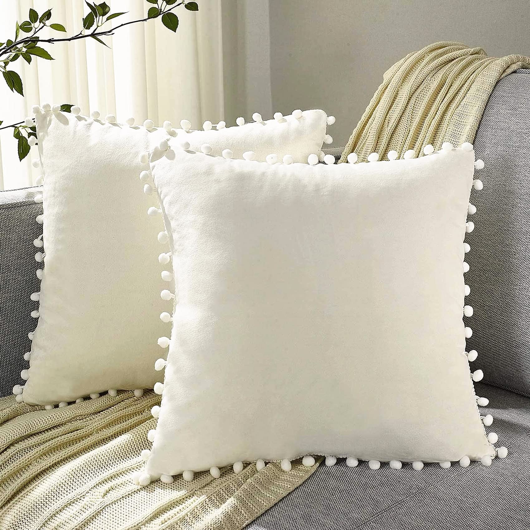 Photo 1 of 2 Pack Pillow Covers 18x18 Pom Pom Decorative Throw Pillow Covers Smooth Soft Velvet Boho Cushion Covers for Living Room Bedroom Sofa Couch, Pack of 2, 18x18 Cream