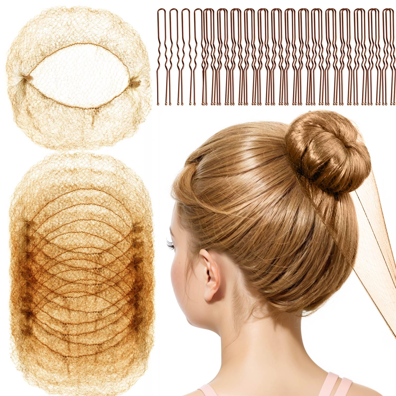 FANDAMEI Hair Net for Kids, Invisible Hair Nets 20PCS with 40PCS U Shaped Bobby Pins, 30cm Hair Nets for Buns, Bun Hair Nets for Ballet Girls Hair