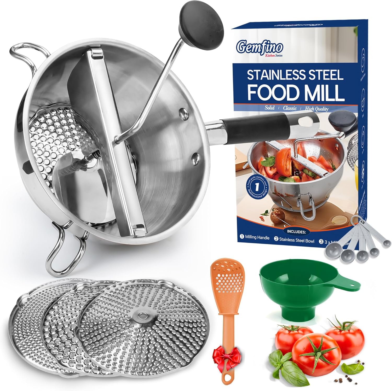 Product image of Stainless Steel Food Mills With 3 Milling Discs,Ergonomic design Of Rotary Food Mills For Tomato Sauce,Potatoes,Jams with Silicone Handle Dishwasher Safe, Multifunctional Spoon,Orange