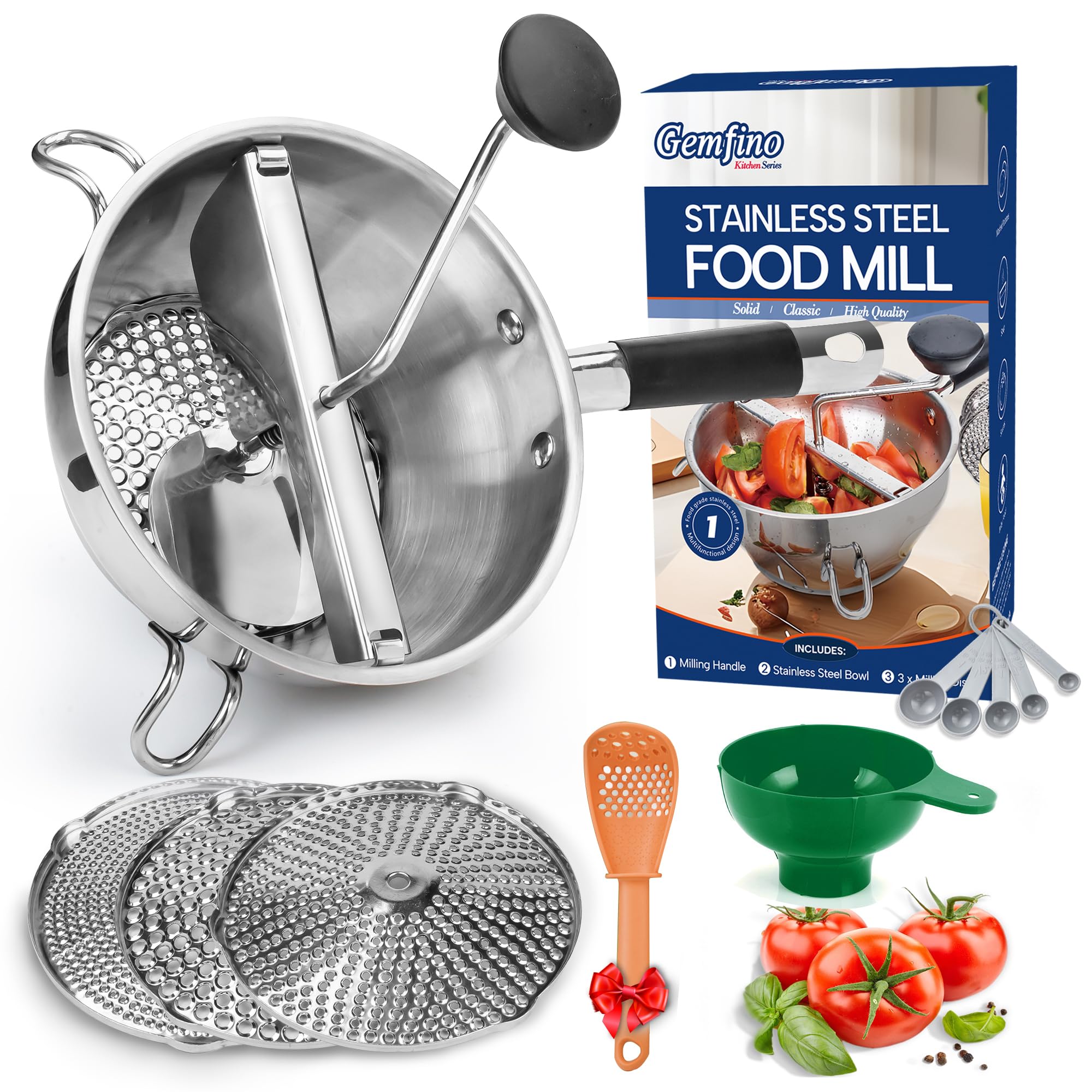 stainless steel food mills with 3 milling discs,ergonomic design of rotary food mills for tomato sauce,potatoes,jams with silicone handle dishwasher safe, multifunctional spoon,orange