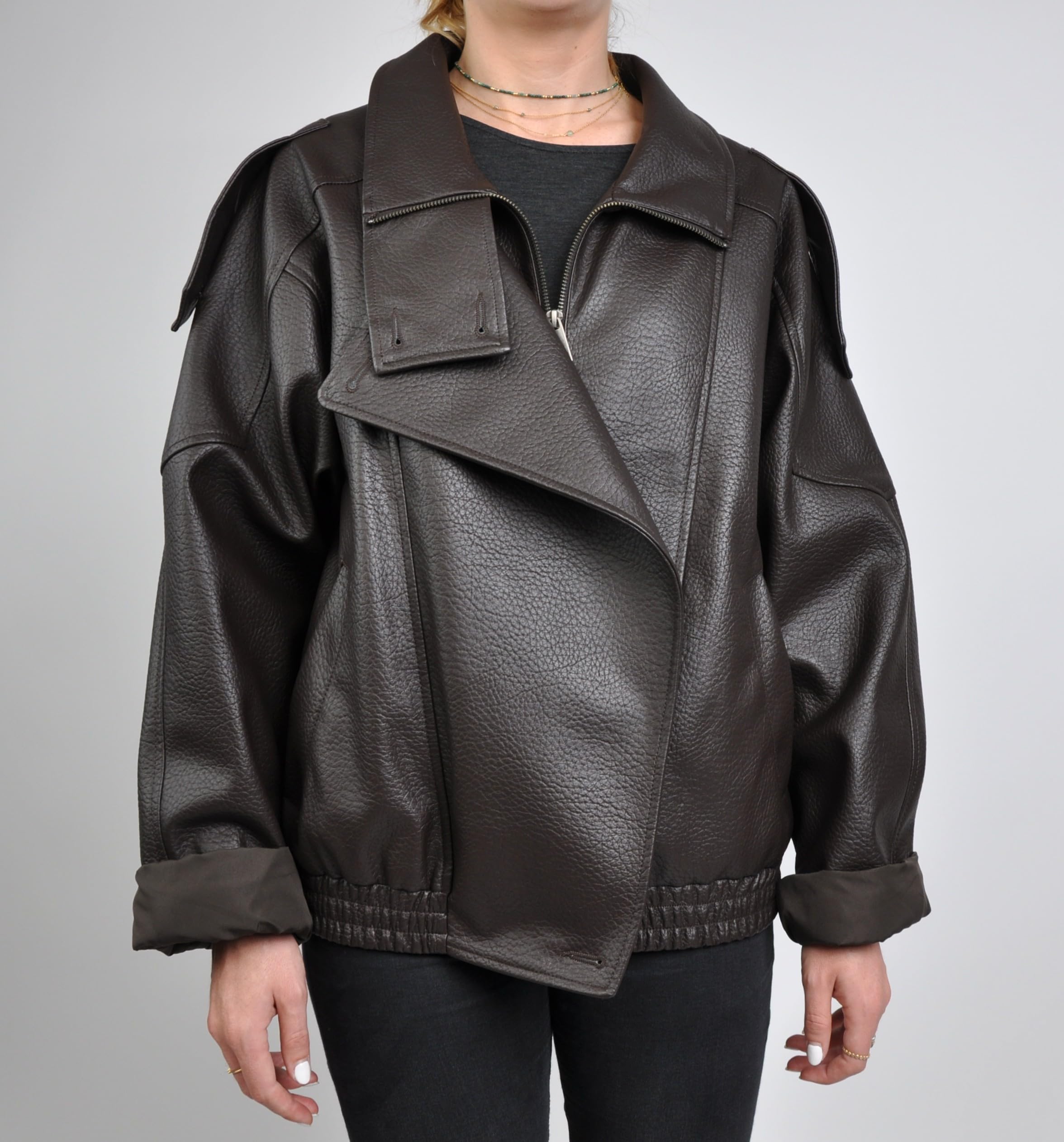 Blouson Biker Oversize en Similicuir Grainé, Col Montant, Style Perfecto