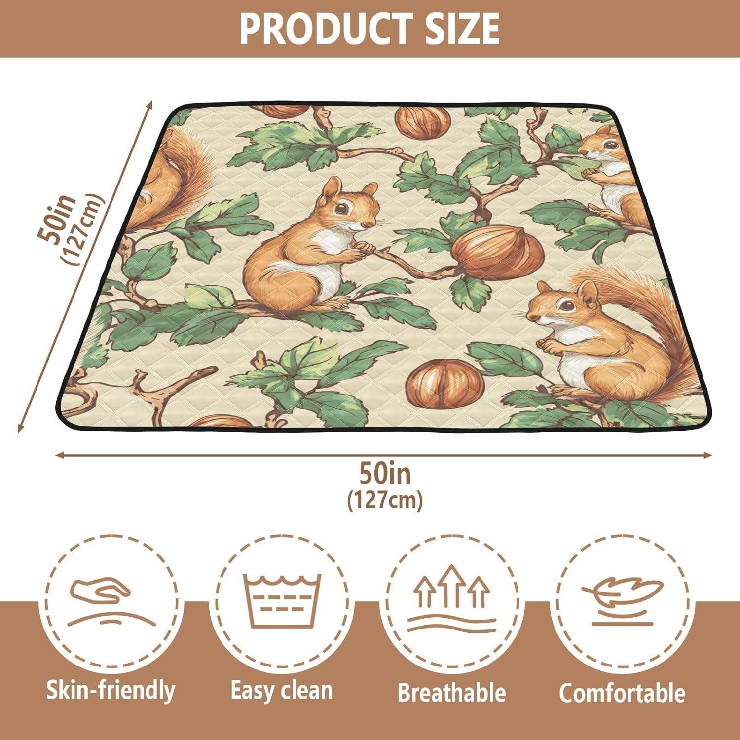 Squirrel Hazelnut Unique Soft Thick mat for Baby to Play on Floor for Floor Portable Foldable Travel Play Mat for Babies Infants Toddlers, 50'' x 50''para juegos de