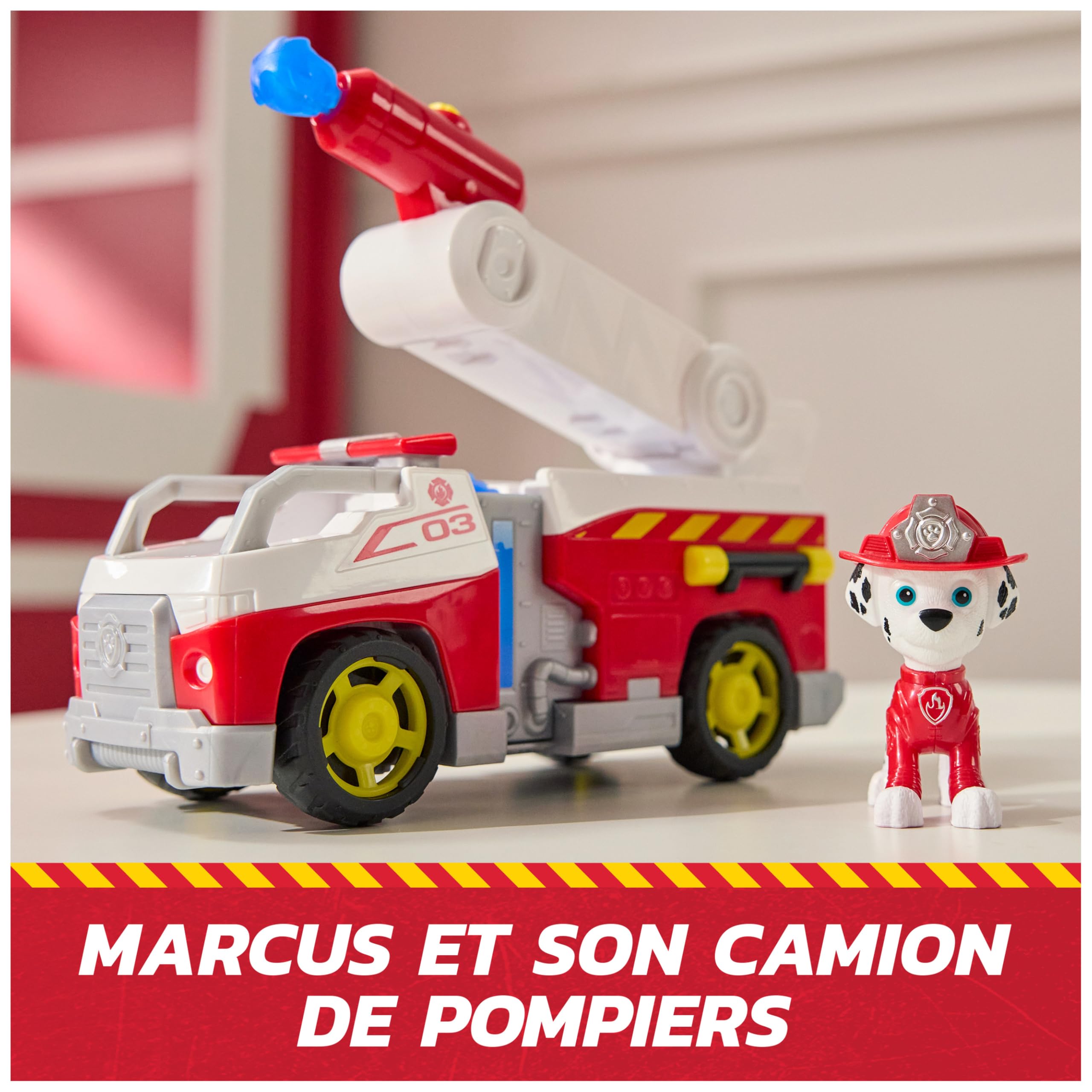 Paw Patrol Paw Patrol - Pat Patrouille - Véhicule Figurine Marcus Fire Rescue Mission Pompiers - Voiture Figurine À Collectionner - 2 Projectiles - Pat Patrouille Jouet - Voiture Enfant - Jouet Enfant 3 Ans Et + in use