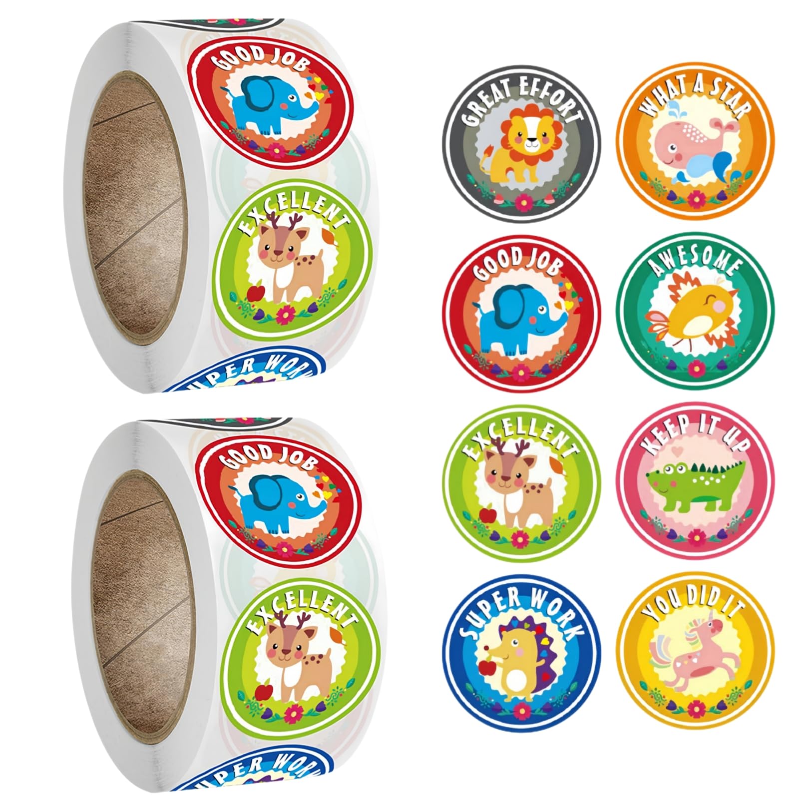 Tonsmile 1000 PCS Stickers for Children, Motivational Encouraging Animal Well Done Reward Stickers, 2 Rolls Potty Training Teachers Stickers for School Classroom