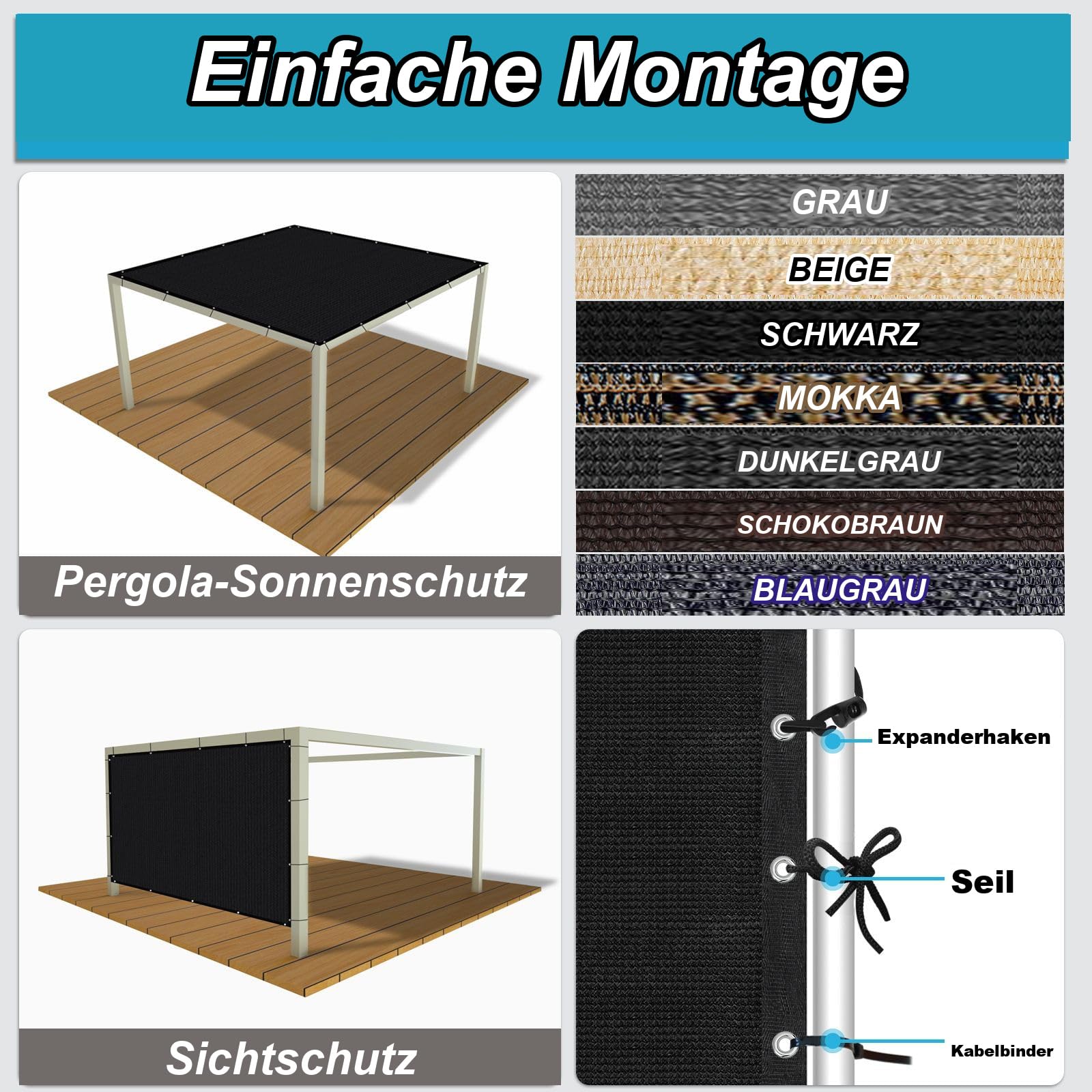 Amagenix Filet d’ombrage PEHD 160g/m² 3x3m, Toile d’Ombrage Anti-UV 90% avec Œillets, Filet Solaire pour Jardin, Terrasse, Serre et Carport,Noir
