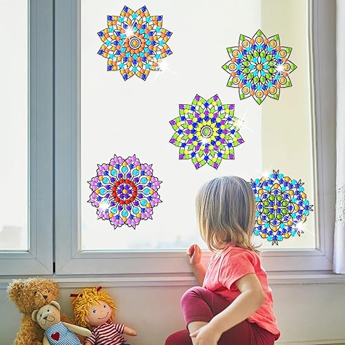 Miniatura 5 de Mandala Cafts - Kits de pintura de diamantes para vidrieras, 4 piezas de diamantes para manualidades, calcomanías de mandala para atrapasoles,