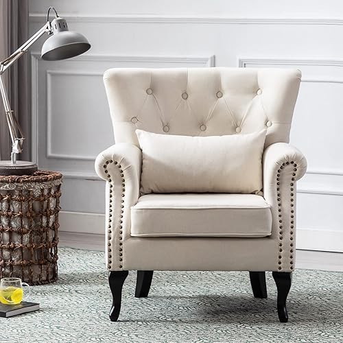 Miniatura 9 de chairus Silla decorativa moderna de mediados de siglo, cómoda silla individual copetuda, sillón con respaldo alado con almohada para club, sala de