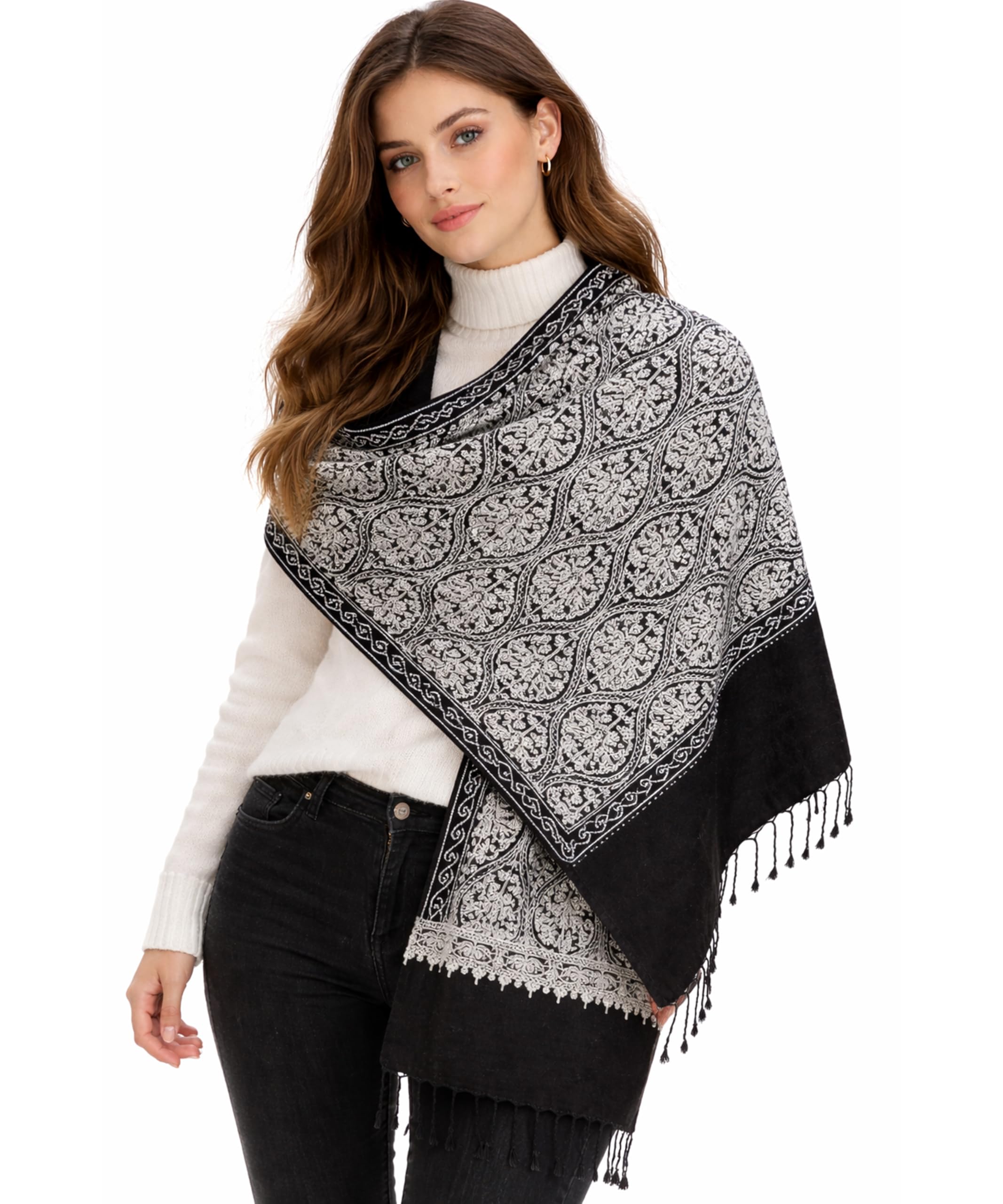 Women's Kashmiri Self Aari Full Embroided MATKA Cashmilon Stoles, Shawls, Wraps (SIZE: 30" X 80") (BLACK & WHITE)-image-41
