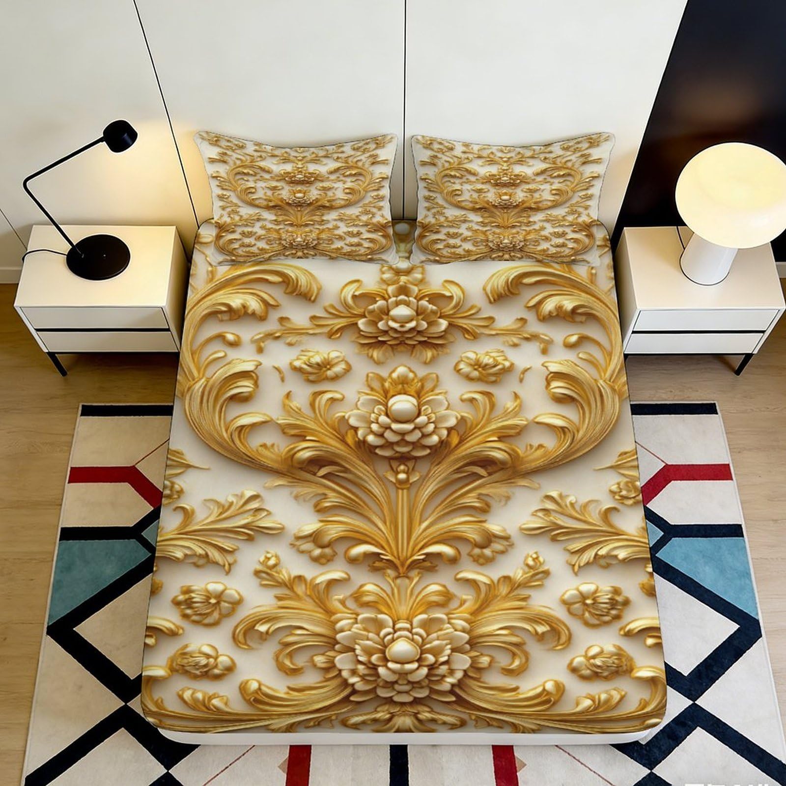 Uxinyoume Style-3 3D Printed Baroque Gold Pattern Fitted Sheet Microfiber Soft Anti-Slip Royal Ornate Bed Cover For Bedroom Guest Room 90X200x25cm