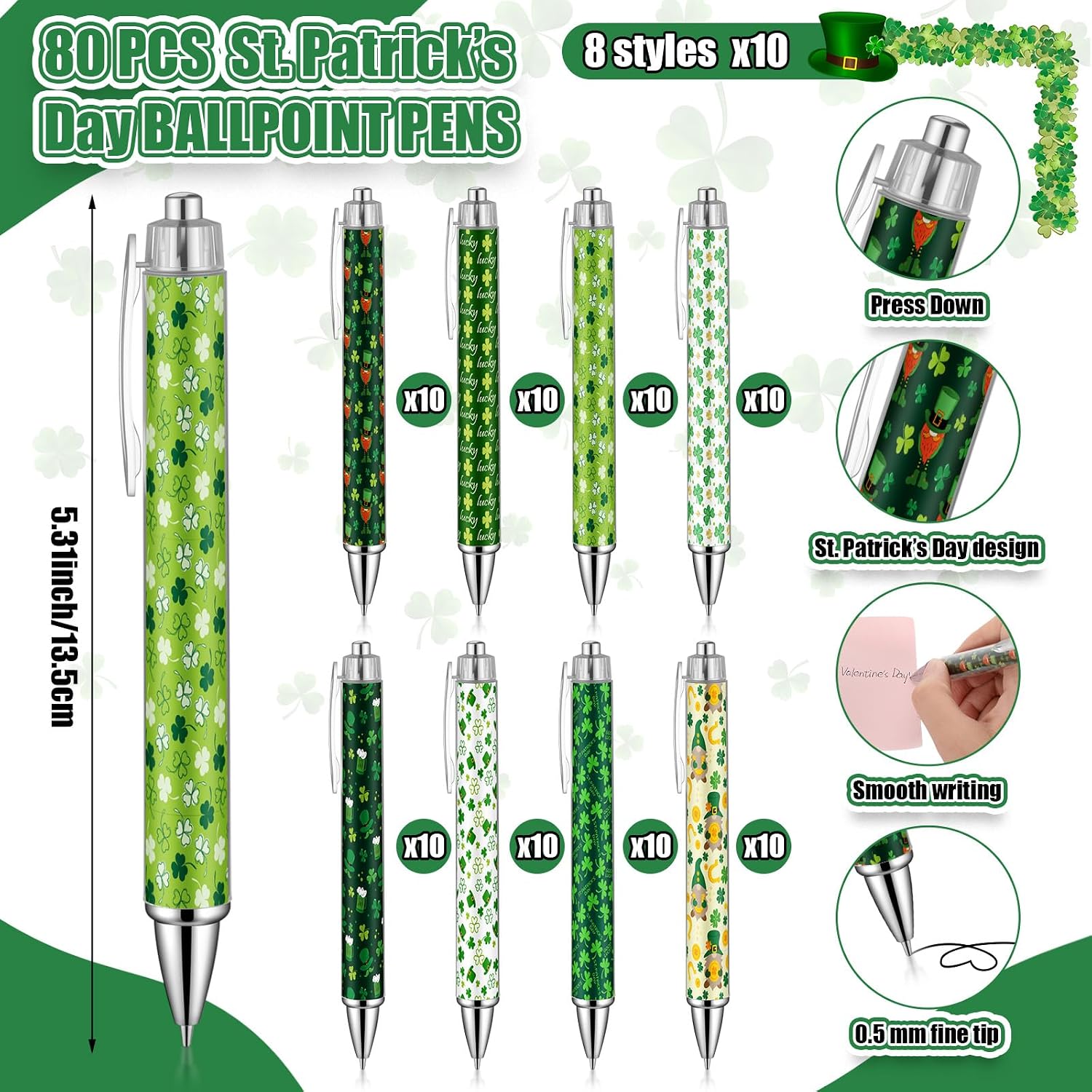 AmazingSpark 120 Pcs St. Patrick's Day Party Favors Bulk, 80 Retractable Pens & 40 Button Pins, Shamrock Irish Saint Patty's Day Party Supplies Goodie Bag Fillers, Rewards Coworker Gifts