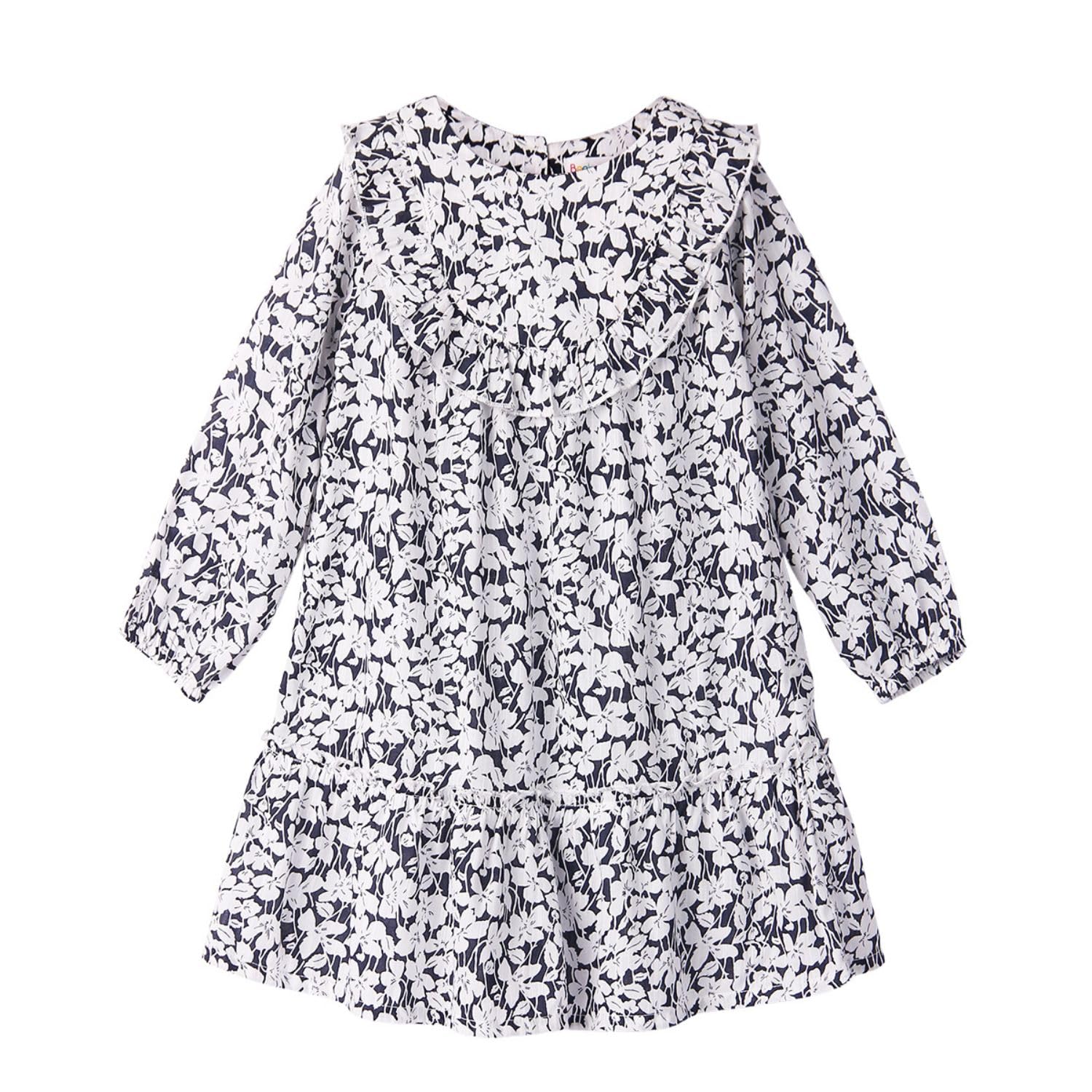 BeebayCotton Blend Navy Floral Full Sleeve Dress - Multicolor (232117)