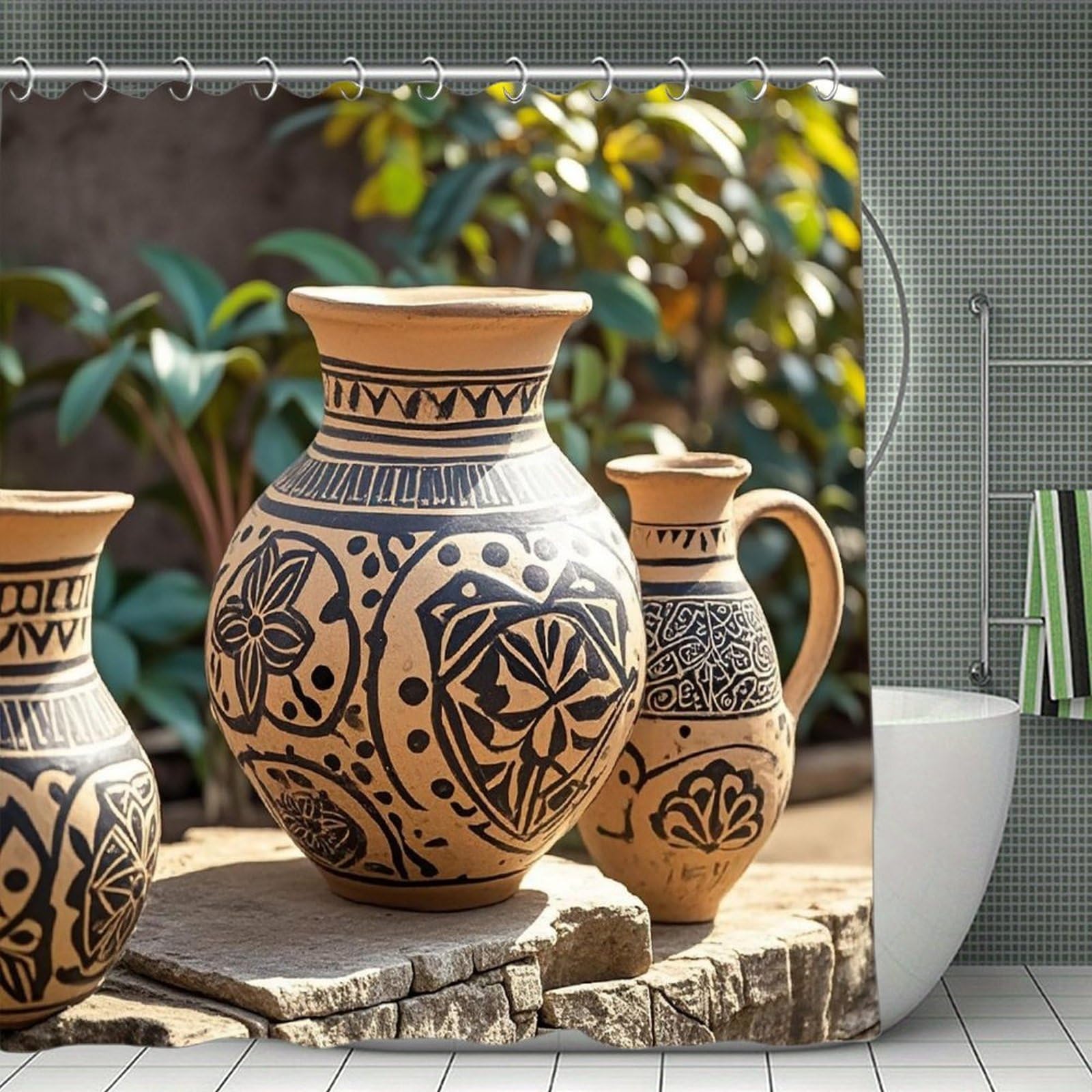 FekiLoot Africa Ethnic Pottery Shower Curtain Minimalist Thick Bathroom Curtain Washable Modern Bathroom Shower Curtain Heavy Duty Waterproof Cloth Bath Curtain with Hooks 70.8"x70.8"