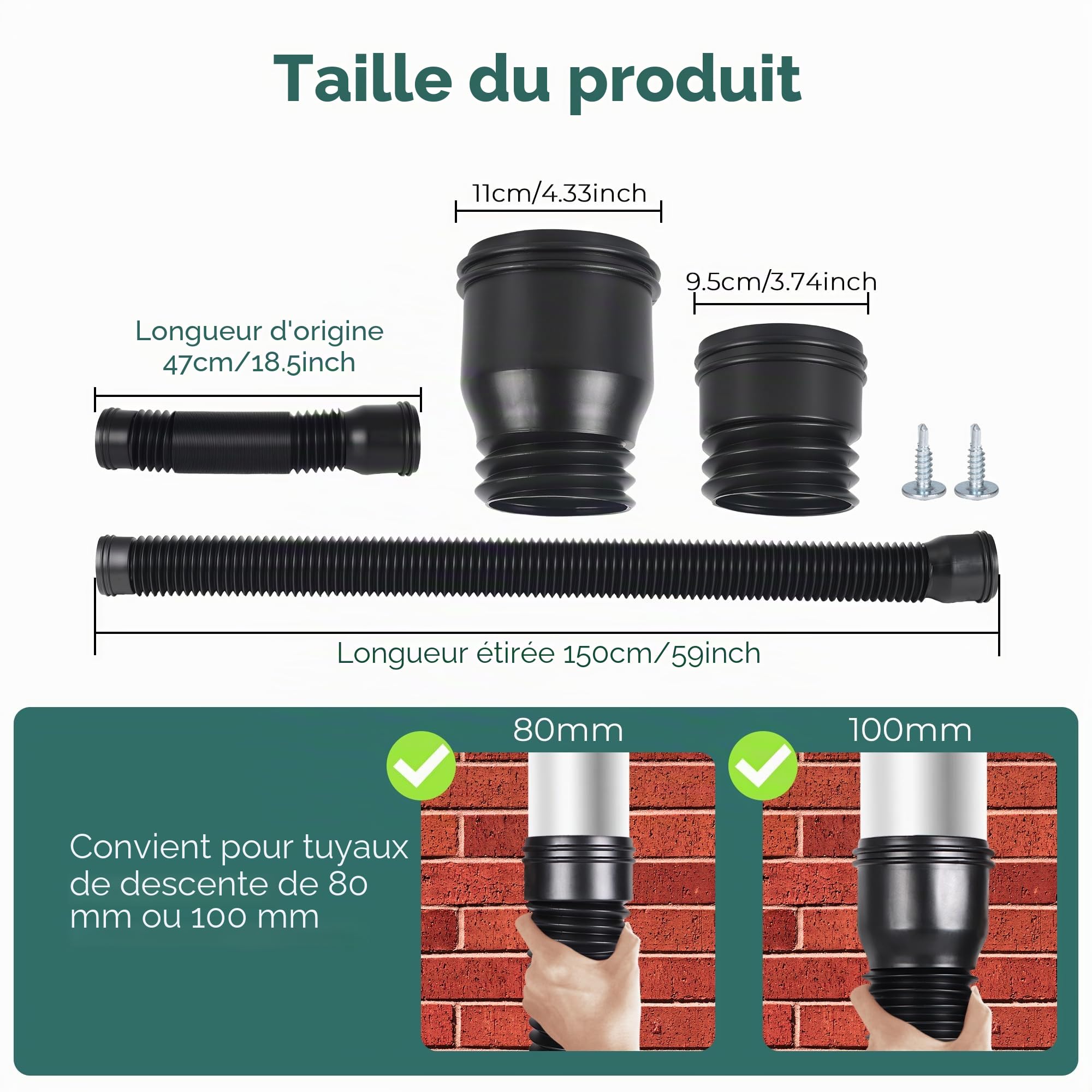 Rallonge Gouttière Flexible, Ronde Kit D'Extension De Tuyau De Pluie | pour Descente De 80/100 mm, Tuyau Gouttière Souple, 47-150 cm, Accessoires pour Gouttières (Noir, 1 Pièce)