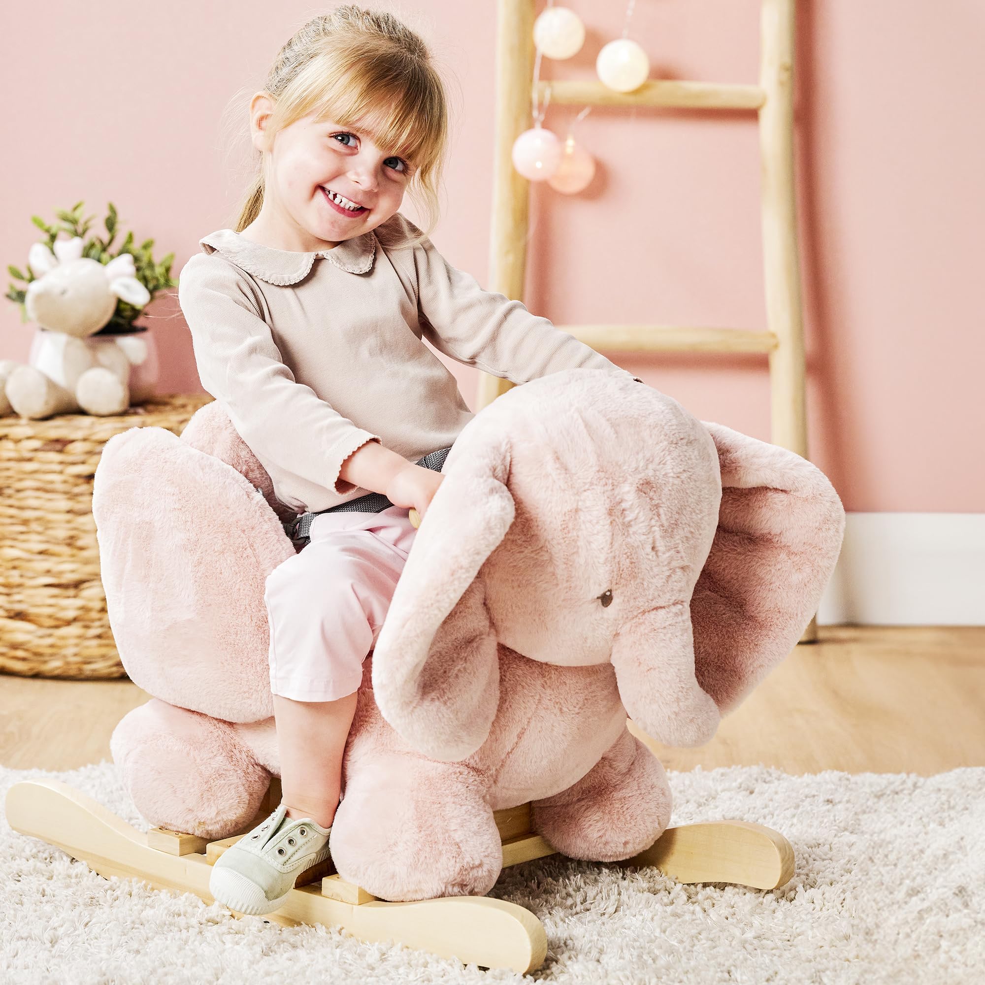 Nattou Schaukeltier, Elefant, Inkl. Sicherheitsgurt, Fröhliches Hin- und Herschaukeln, 100% Polyester, FanFan, Altrosa