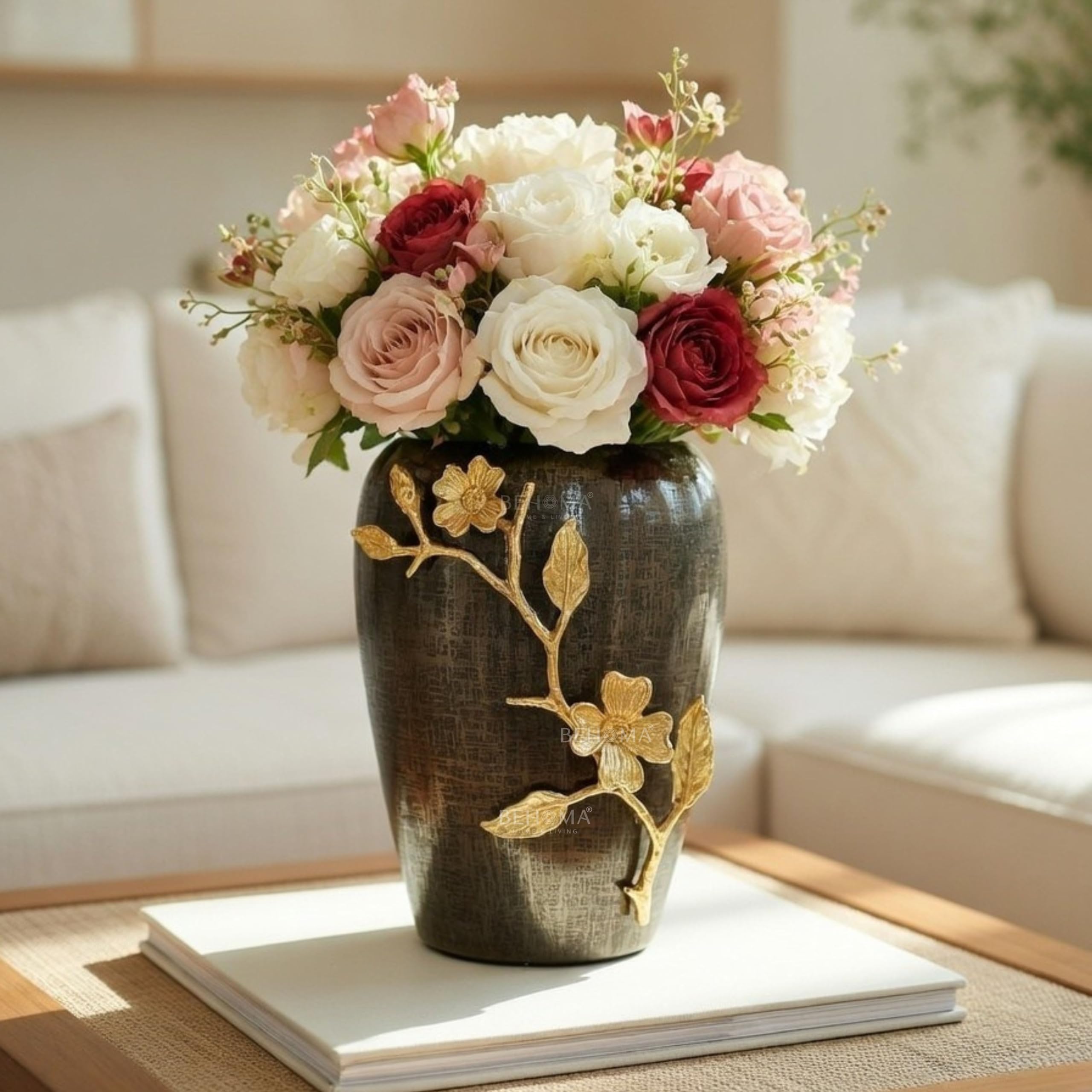Behoma Designer Stainless Steel Vase with Brass Orchids | Modern Design Flower Vase for Home Decor | Center Table Decorative Item for Living Room, Dining Table, Office, Bedroom | Black Textured-image-15