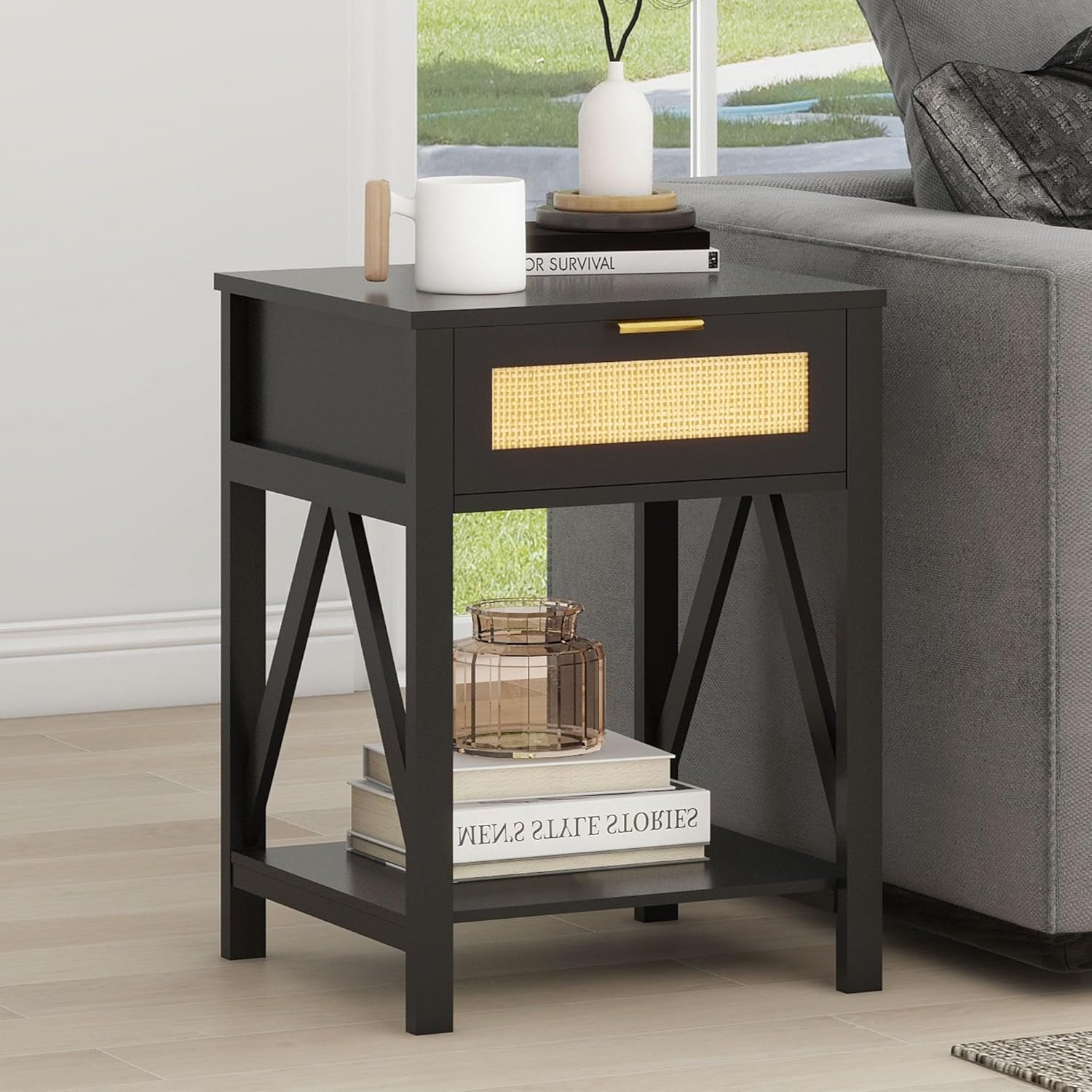 Black Rattan End Table with Storage, Boho Side Table with Rattan Drawer & Wood Open Shelf, 15.7''x17''x23.6'' Nightstand Bedside Accent Table for Living Room Bedroom Guest Room