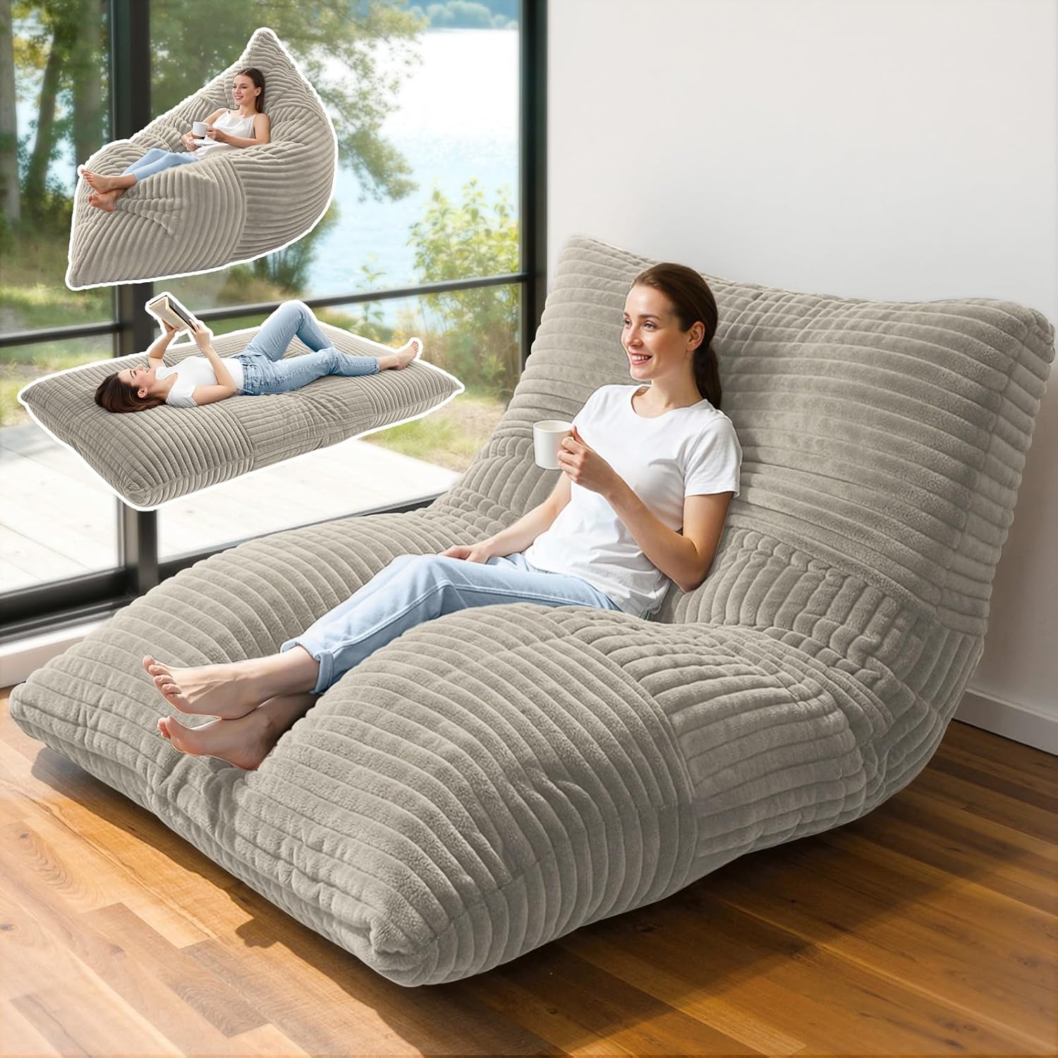 3 in 1 Giant Bean Bag Chair, Convertible Bean Bag Bed for Adults and Kids, Oversized Comfy Memory Foam Floor Sofa with Machine Washable Cover for Living Room, Bedroom & Dorm(Grey)