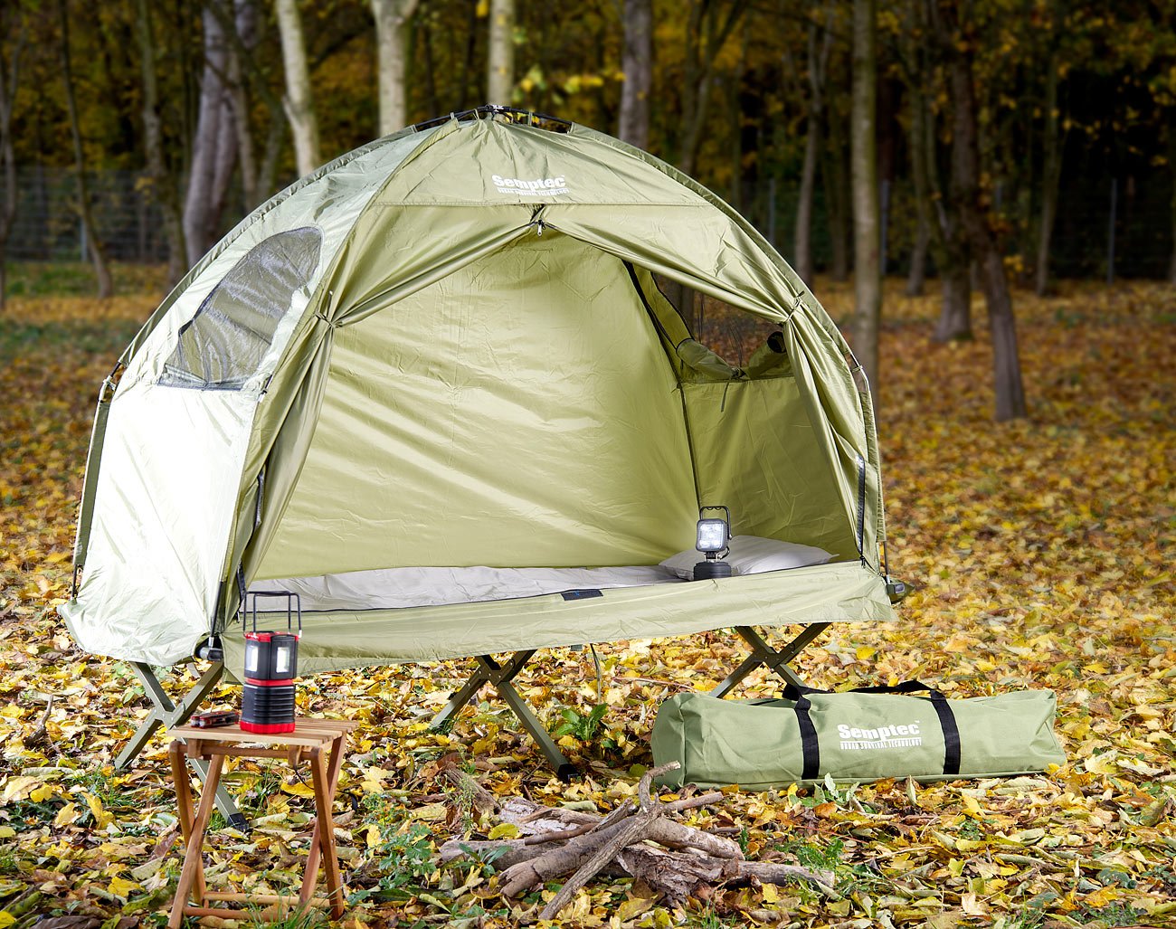 Semptec Urban Survival Technology Angel-Zelt: 4in1-Zelt m. Feldbett,Sommer-Schlafsack m. Matratze u. weicher Auflage (mit integriertem Feldbett, Camping-Sets Schlafsack, Angeln)