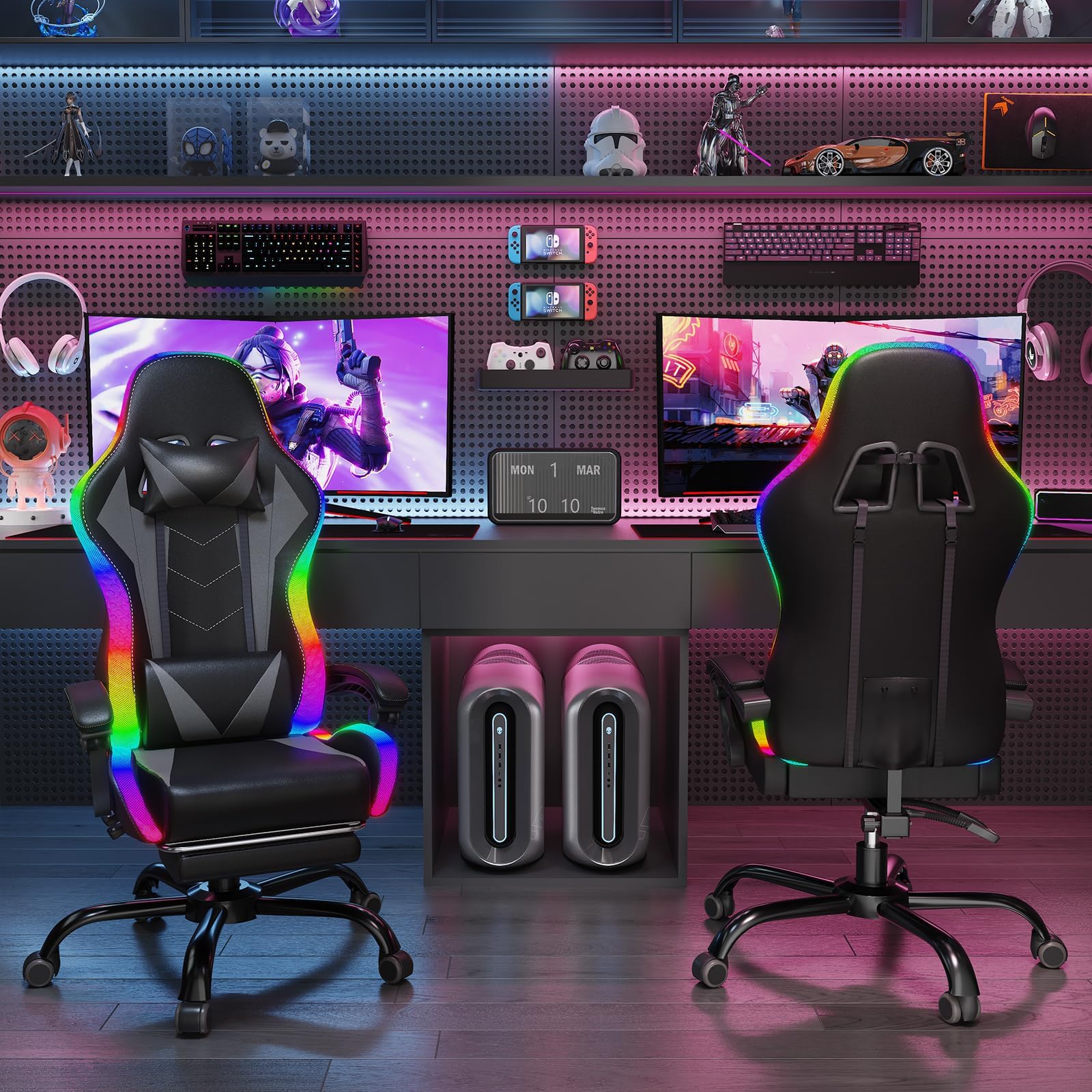JUMMICO Sedia da gioco con LED, Cool Racing Gamer, sedia ergonomica da ufficio con funzione massaggiante, schienale regolabile 90-135°, con poggiapiedi telescopico, capacità di carico 150 kg, colore