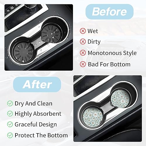 Miniatura 6 de Posavasos florales verdes y blancos para portavasos de automóvil, paquete de 2 posavasos para automóvil, posavasos absorbentes de cerámica con