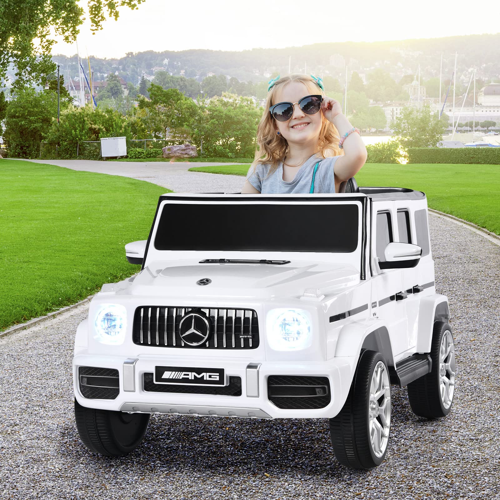 GOPLUS Coche eléctrico de 12V Mercedes Benz G63, vehículo infantil con control remoto de 2,4G, luces LED y faros, coche infantil 3-5 km/h, para niños de 3 a 8 años, hasta 30 kg (Blanco)