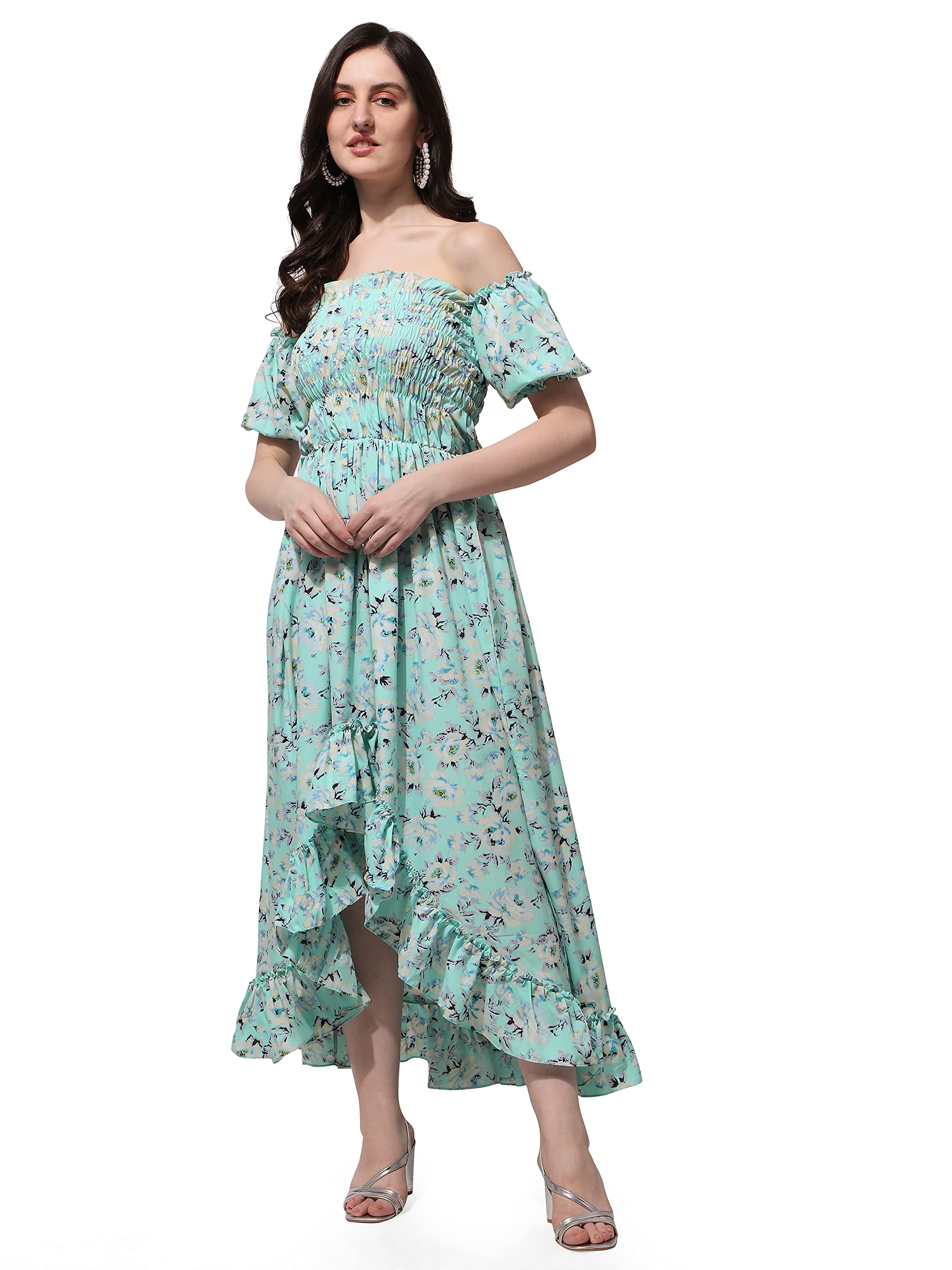 Oomph! Flared Dress For Women Stylish | Long One Piece For Women | Off Shoulder Puff Sleeve Long Dress | Floral Print Maxi One Piece | Western & Fusion Wear Bohemian Style