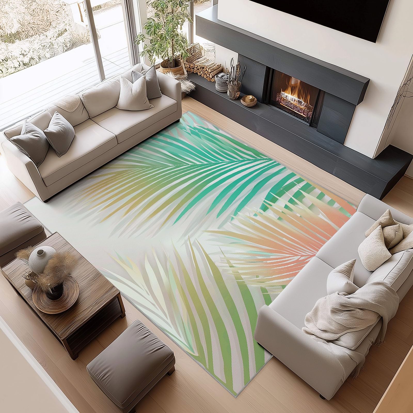 Tapis Salon Feuilles De Palmier Roses Et Vertes 160x230cm Tapis Poil Ras Moderne Doux et Antidérapant, pour Salon Chambre Bureau & Durable & Lavable en Machine