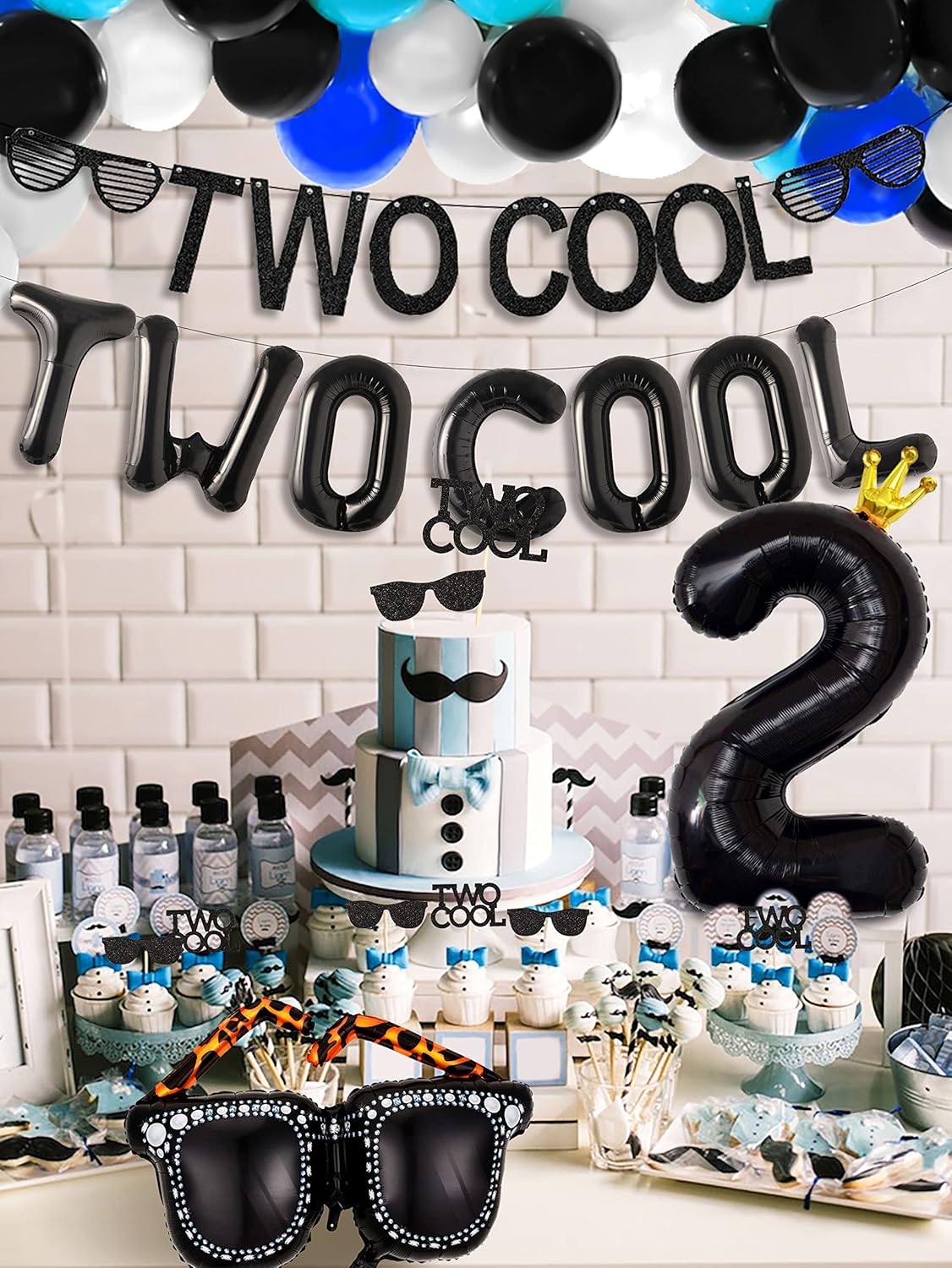 LaVenty 55 PCS Two Cool Birthday Decoration Boy Two Cool Banner Cupcake Toppers Two Cool Birthday Party Supplies Sunglasses Balloons Boy 2nd Birthday - Image 6