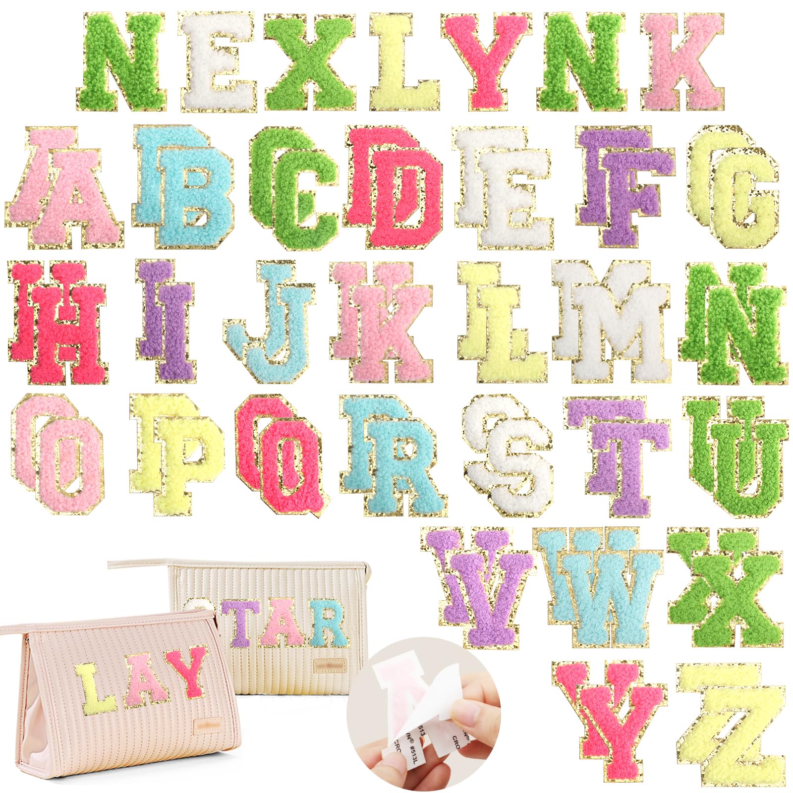 52 Pcs Self-Adhesive Chenille Letter Patches A to Z, Multicolour Iron-On Alphabet Applique Stickers for DIY Clothing, Backpacks, Hats, Shoes, Jackets & CraftsApplique — image 1
