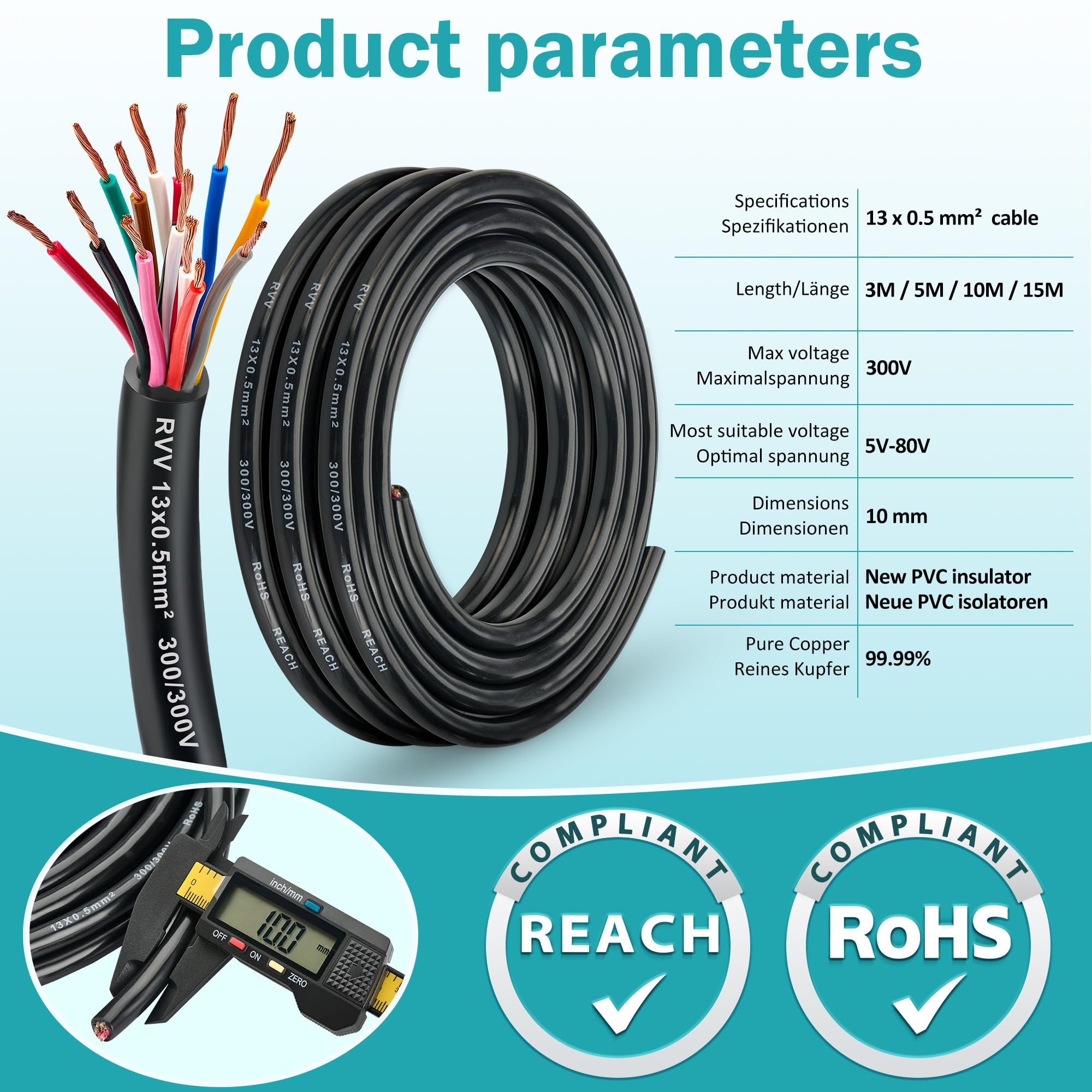 Cable de Remolque 13 Núcleos 0.5mm², 15M Cable Alargador 13 Hilos 12V/24V para Caravana Vehículo Coche Barco Pilotos Remolque Enchufes Camping y Luces LED, Aprobación RoHs Reach