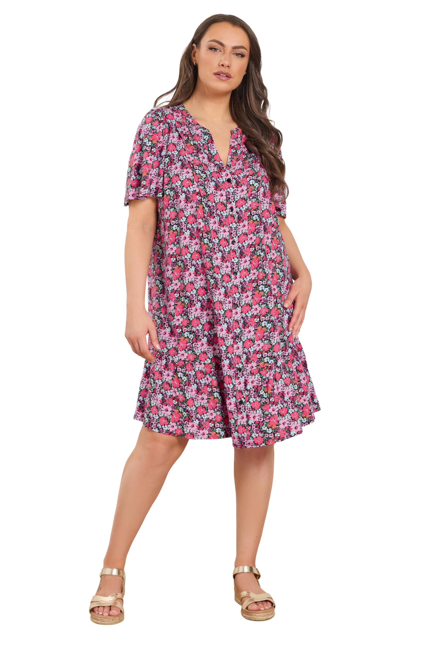 Yours Curve Ditsy Floral Smock Dress - Women's - Plus Size Curve Pink