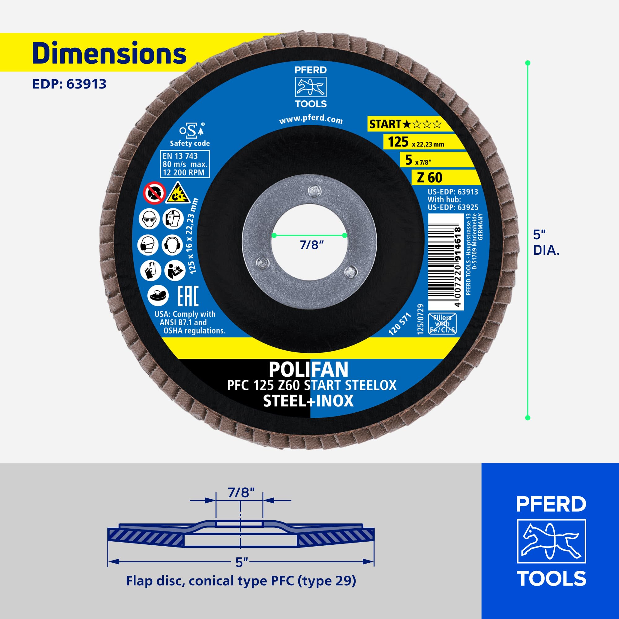 PFERD TOOLS POLIFAN Z BOX – 10 disques à lamelles 125 mm, Z60, alésage de 22,23 mm, 69300935 – rendement et durabilité élevés sur l’acier/l’acier inoxydable (INOX)