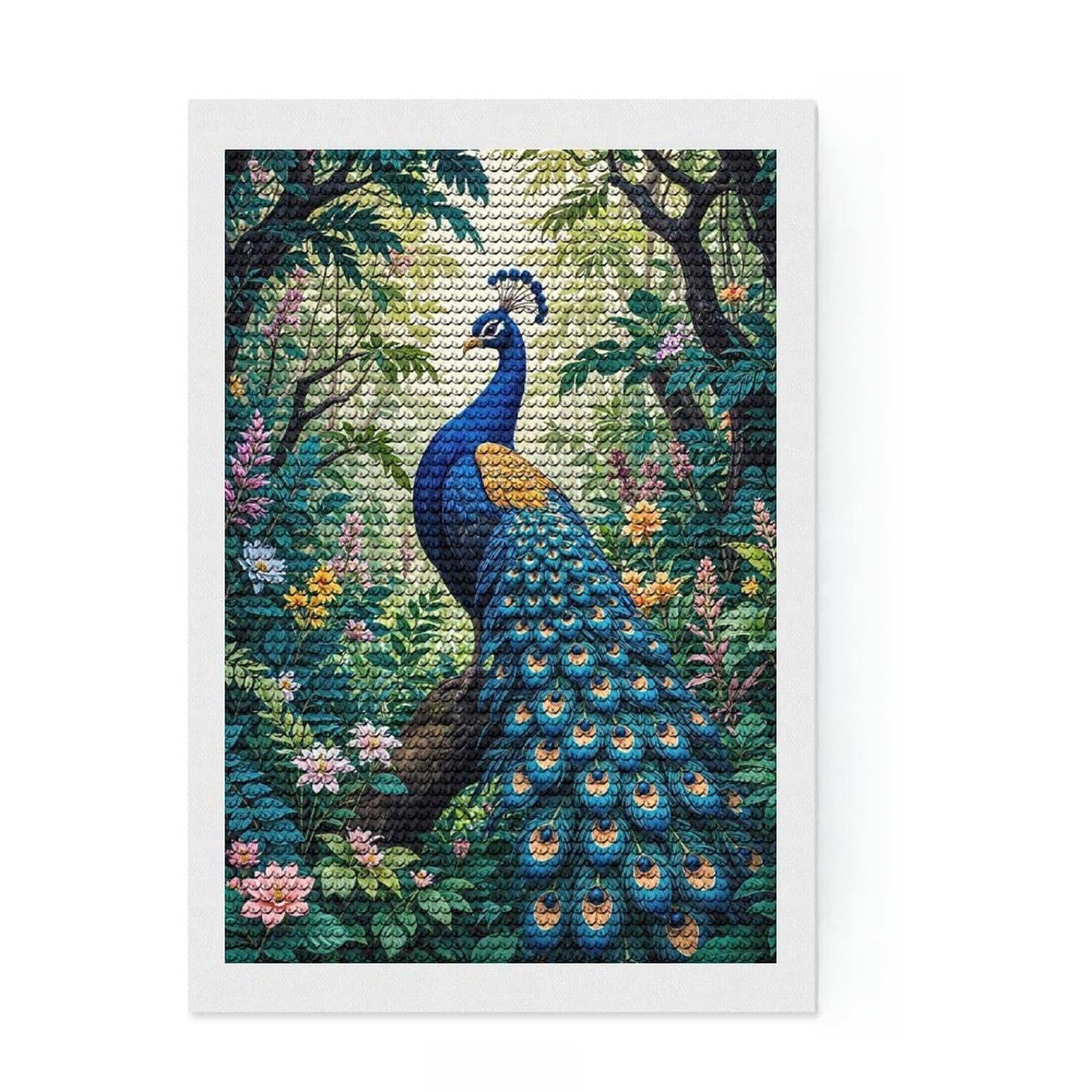 Junmoney Peacock in Lush Jungle Diamond Art Canvas 8"x12", for Beginners, Printed Canvas, Farmhouse Decor, Birthday Gift, Relaxing DIY Hobby