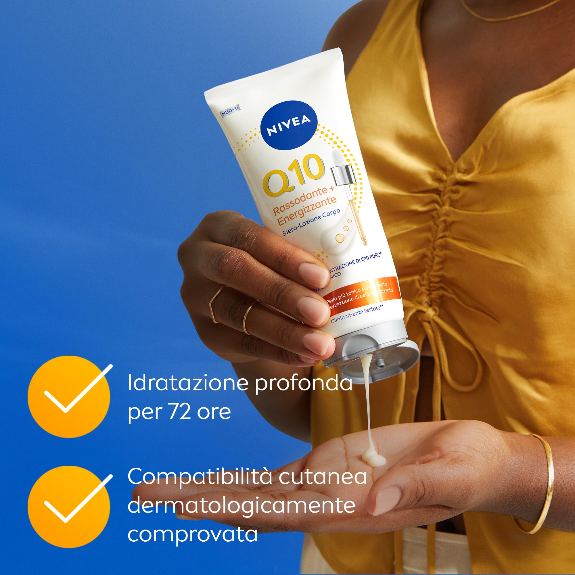 NIVEA Q10 Rassodante + Energizzante Siero-Lozione Corpo 200 ml, Lozione idratante e rassodante corpo con Coenzima Q10 Puro, Acido Ialuronico e Vitamina C per una cura del corpo tonificante